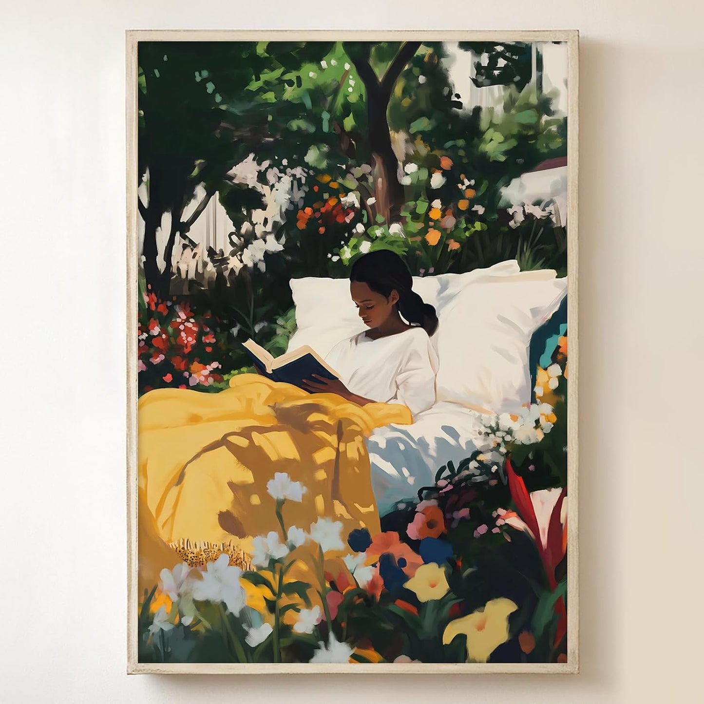 Black Woman Reading Wall Art Colorful Floral Poster People Artwork Black Girl Boho Wall Art Canvas African American Paintings Aesthetic Pictures Wall Decor Colorful Botanical Prints 16x24inch No Frame