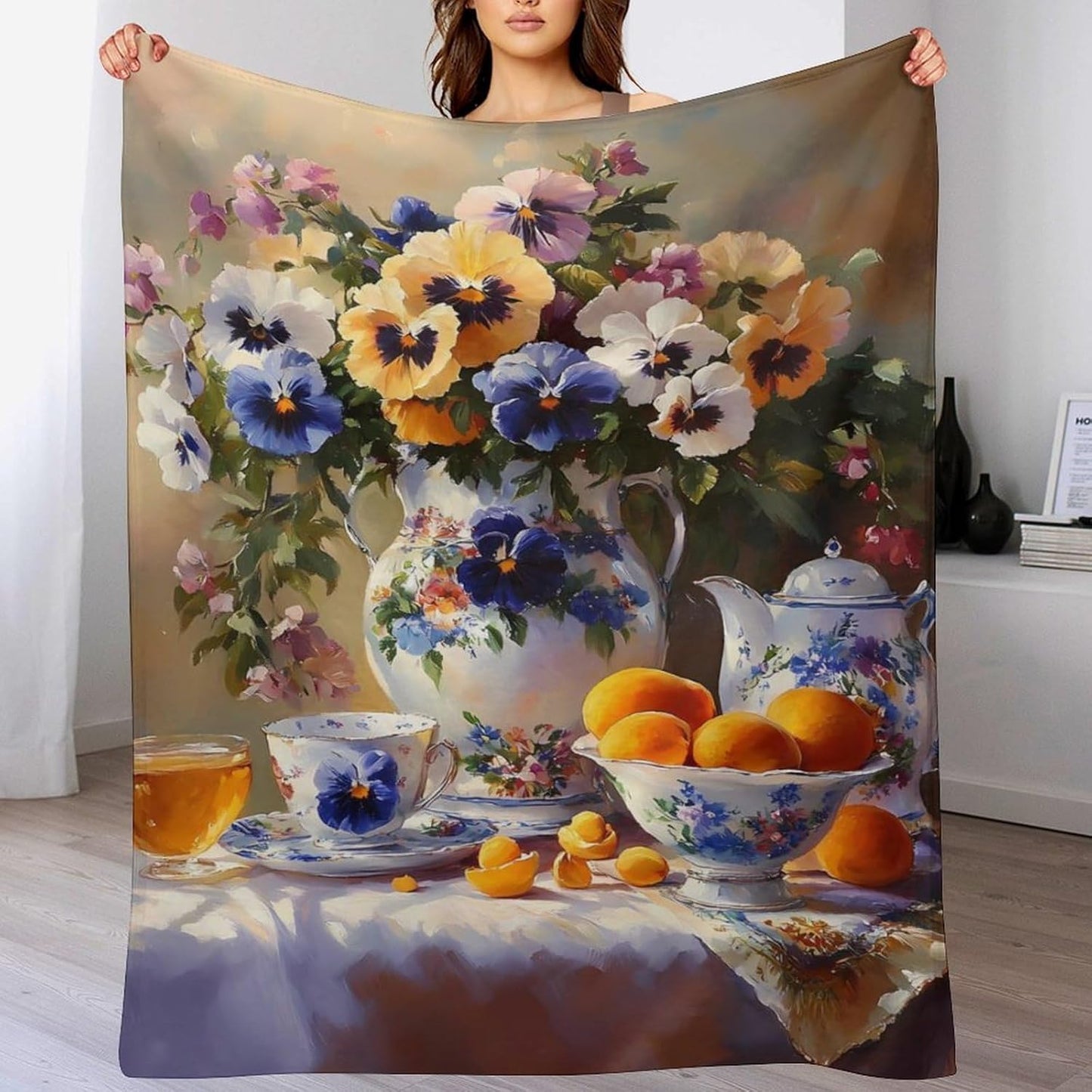 Blue Bouquet Porcelain Throw Blanket for Couch Bed Plush Cozy Fuzzy Flannel Blanket for All Season 66"x90"