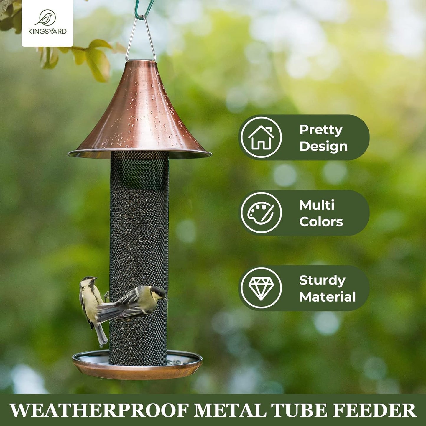 Kingsyard Thistle Bird Feeder for Outdoors Hanging, All Metal, Finch Mesh Tube Feeder with Weatherproof Roof & Seed Tray, 3 lbs Seed Capacity, Great for Attracting Wild Bird, Brushed Copper