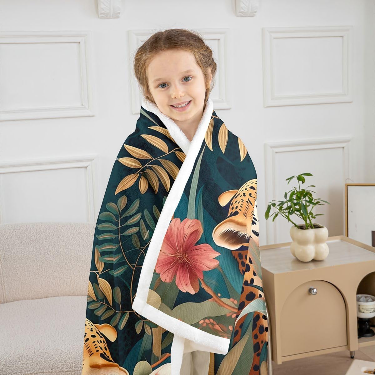 Feelyou Jungle Leopard Animal Sherpa Throw Blanket for Couch Vintage Floral Super Soft Cozy Fleece Farmhouse Blanket for Winter, Plush Throw Baby 30"x40" All Season