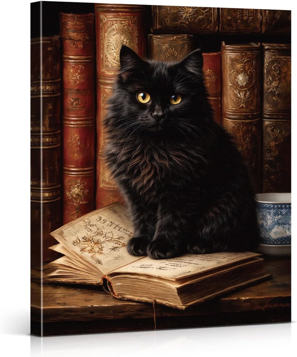 Vintage Bookshelf Cat Wall Art Black Cat Reading Canvas Print Poster Bookish Wall Decor for Home Reading Nook Library 8x10 Inch Framed