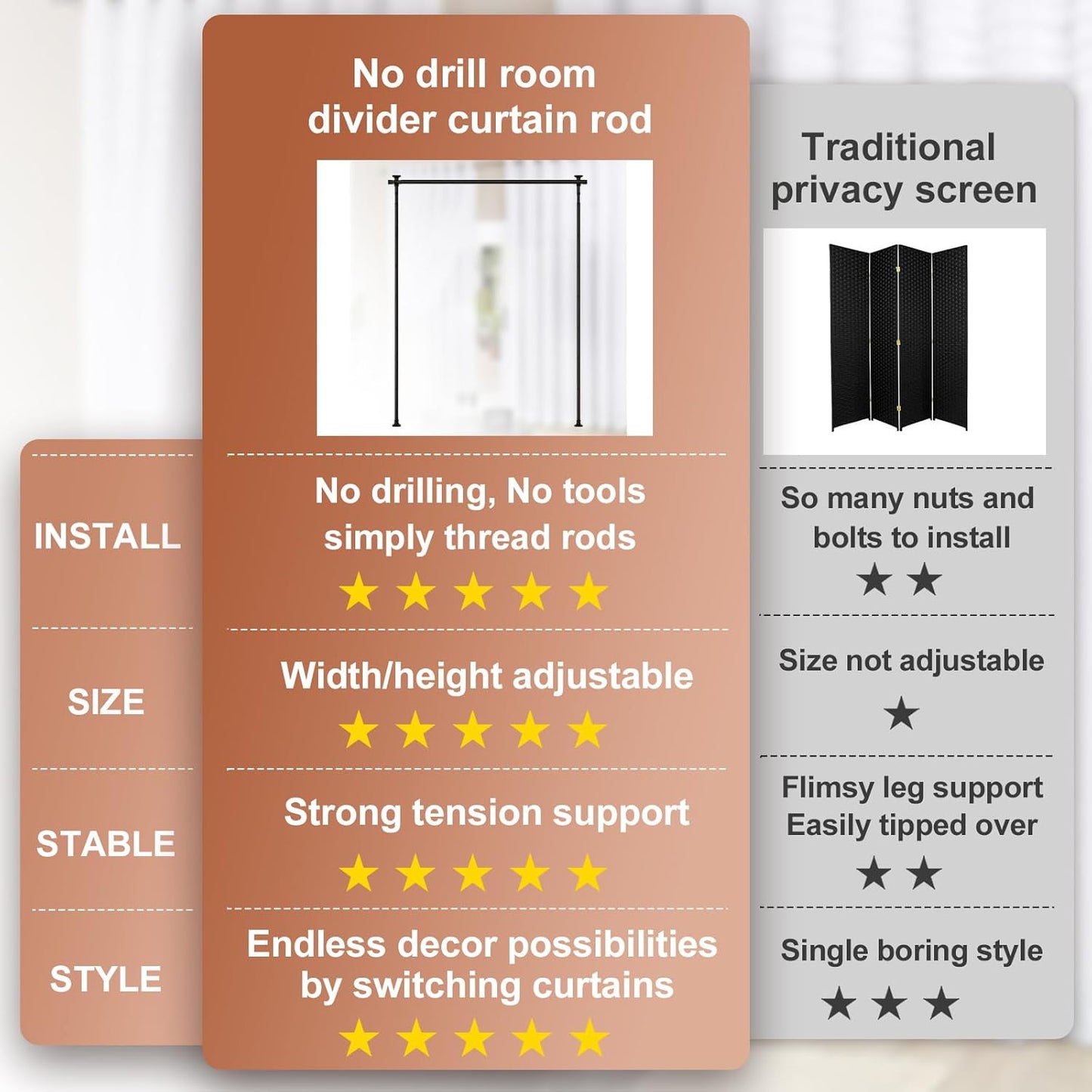 Room Divider, No Drilling Curtain Rod Wall Divider for Space Partition, Adjustable 4-10ft(H) 28-70inch(W) Heavy Duty Floor to Ceiling Tension Rod Dividers Temporary Privacy Separator Window Rods Black