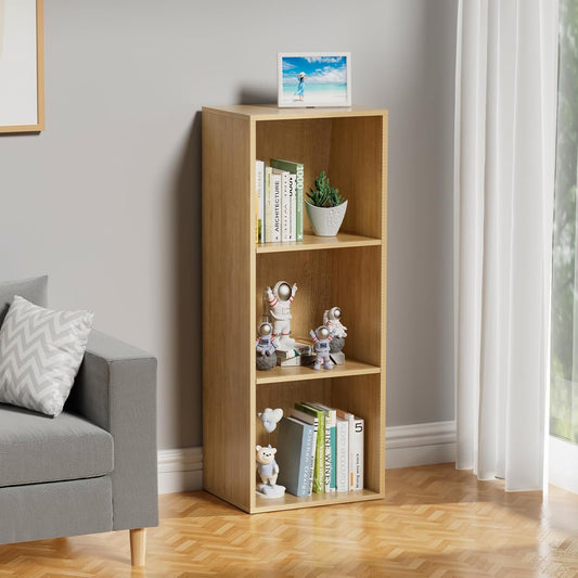 3 Tier Bookshelf, Narrow Bookcase for Small Spaces, Wooden Book Case Bookshelves Storage Organizer for Bedroom Living Room Home Office (Oak, 3 Cube)
