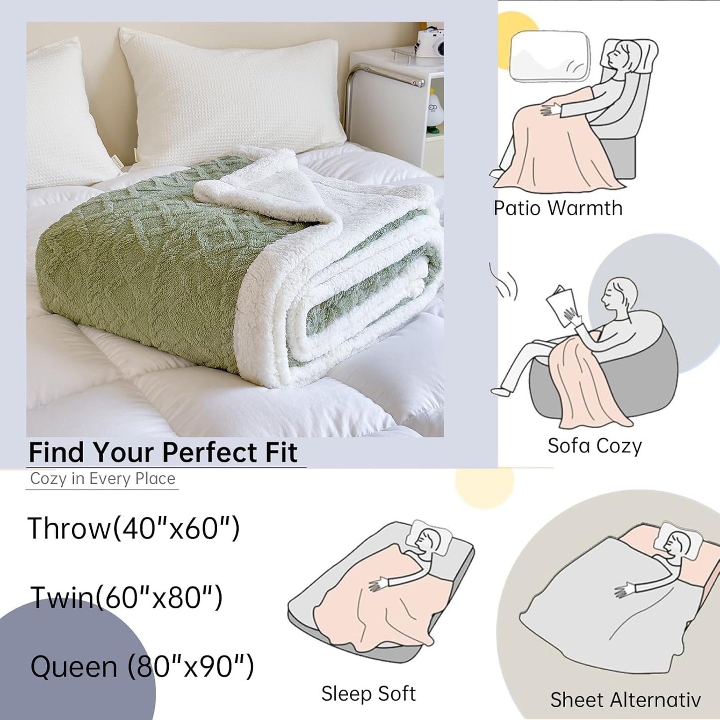 Sherpa Blanket for Bed - Fleece Soft Cozy Fuzzy Blankets Thick Warm for Winter and All Seasons (Green, Full(80"x90"))