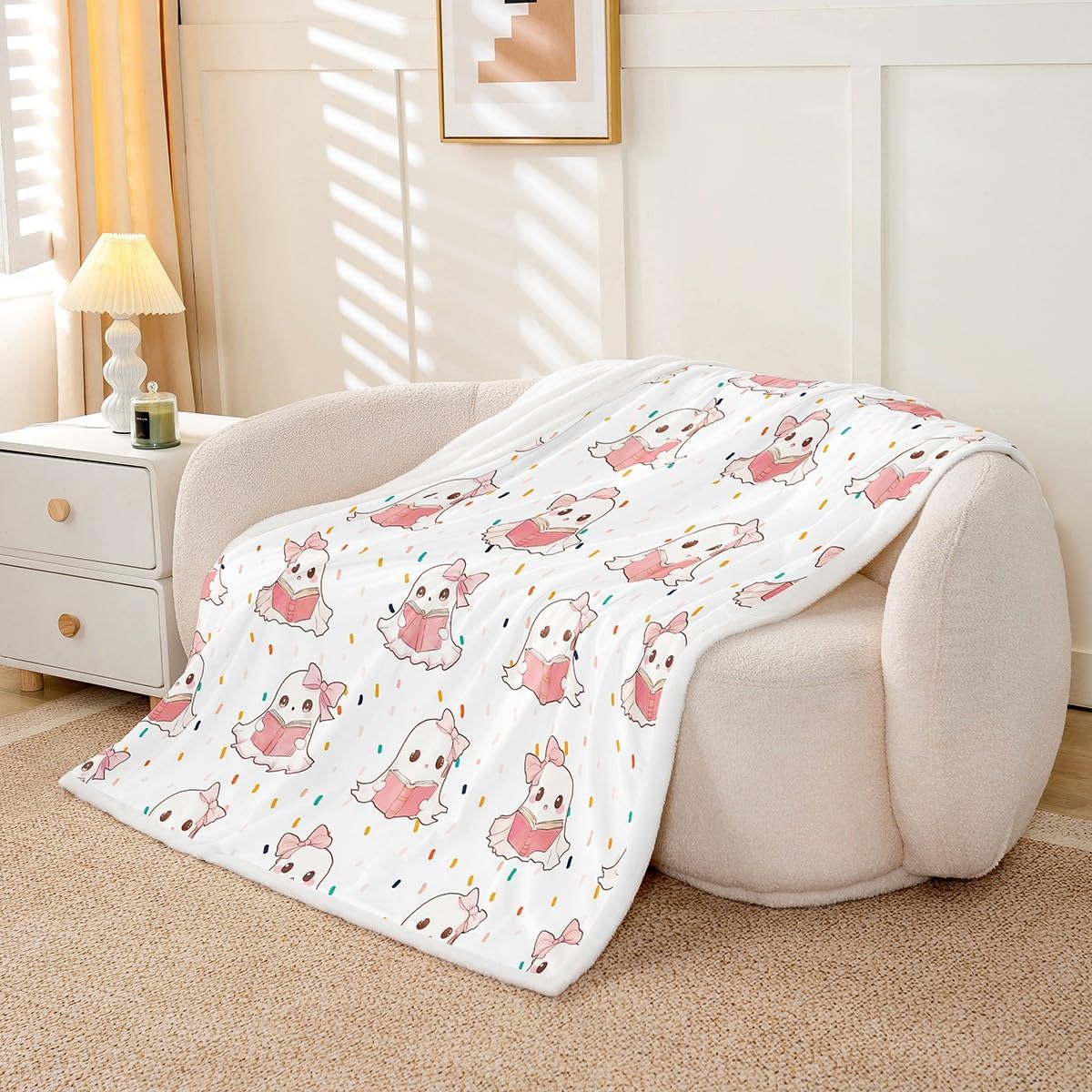 Kawaii Ghosts Throw Blanket Halloween Pink Bowknot Books Ghosts Bed Blanket for Kids Girl Room Decor, Reading Ghost Blanket for Couch Sofa, Soft and Breathable Fleece Blanket(60 x 80 Inches)
