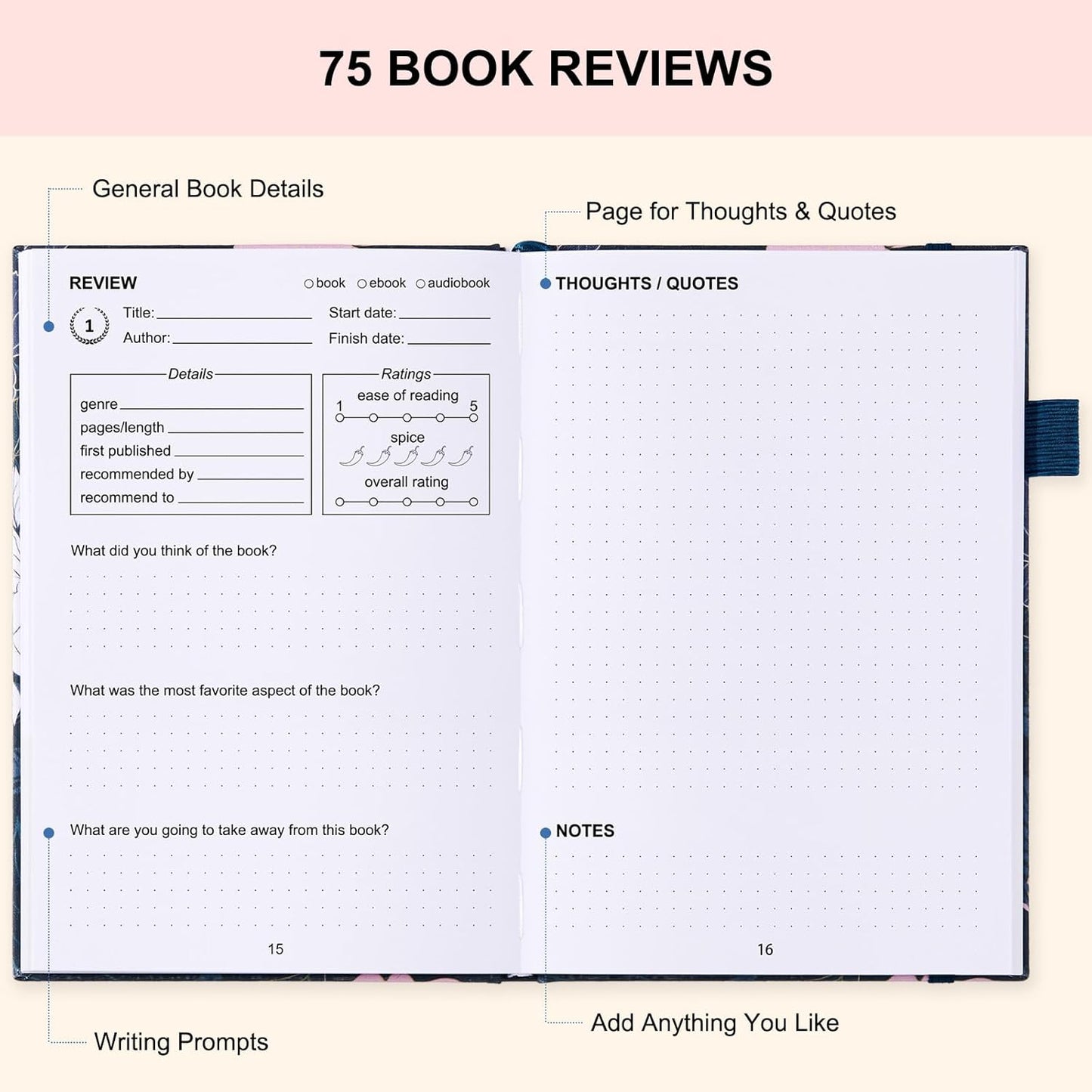 Reading Journal for Book Lovers - 75 Book Journal Reading Log for Book Tracking, A5 Linen Book Review Journal with TBR Tracker List, Ratings, Challenges, Prompts, and Index - Peony