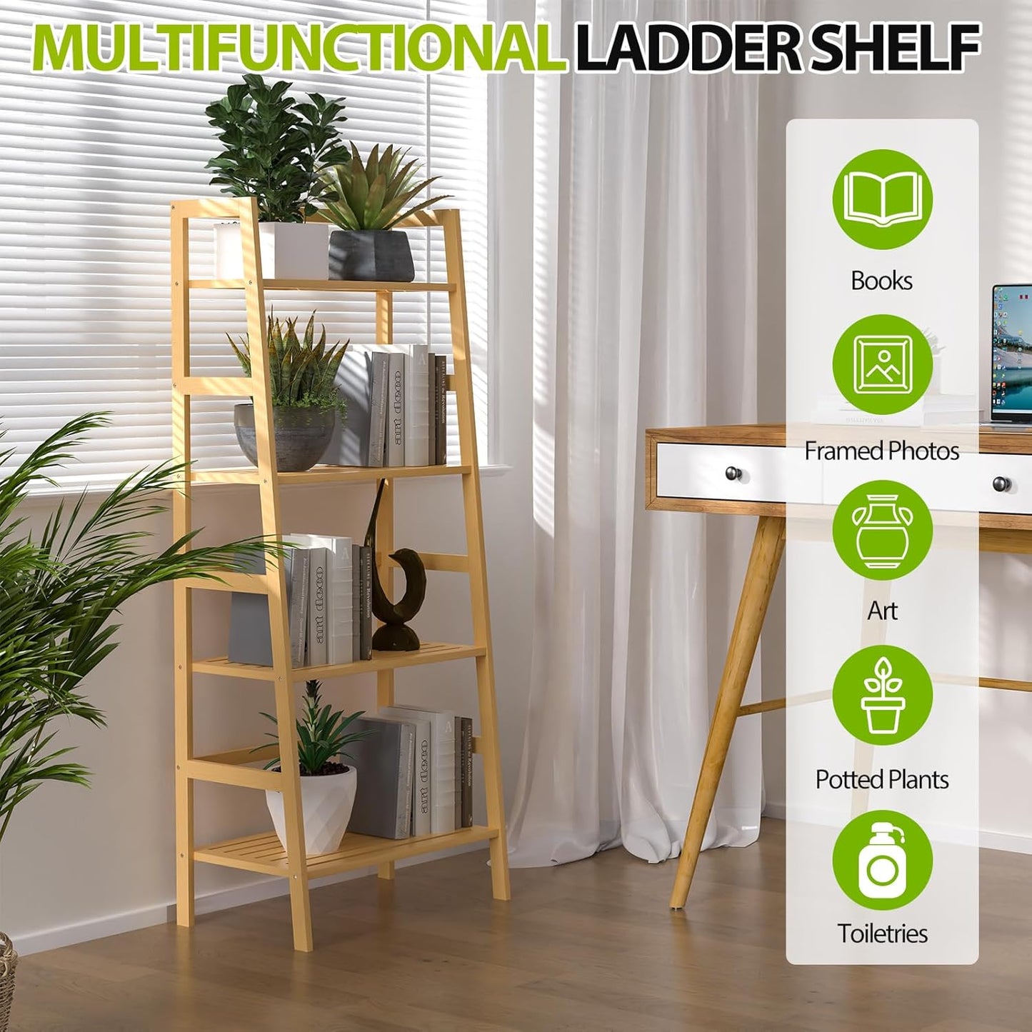 Bamboo Bookshelf, 4-Tier Ladder Shelf Freestanding Space Saver Open Bookcase Book Shelf, Bamboo Storage Shelving Unit Flower Plant Stand for Living Room, Bathroom, Home Office, Natural