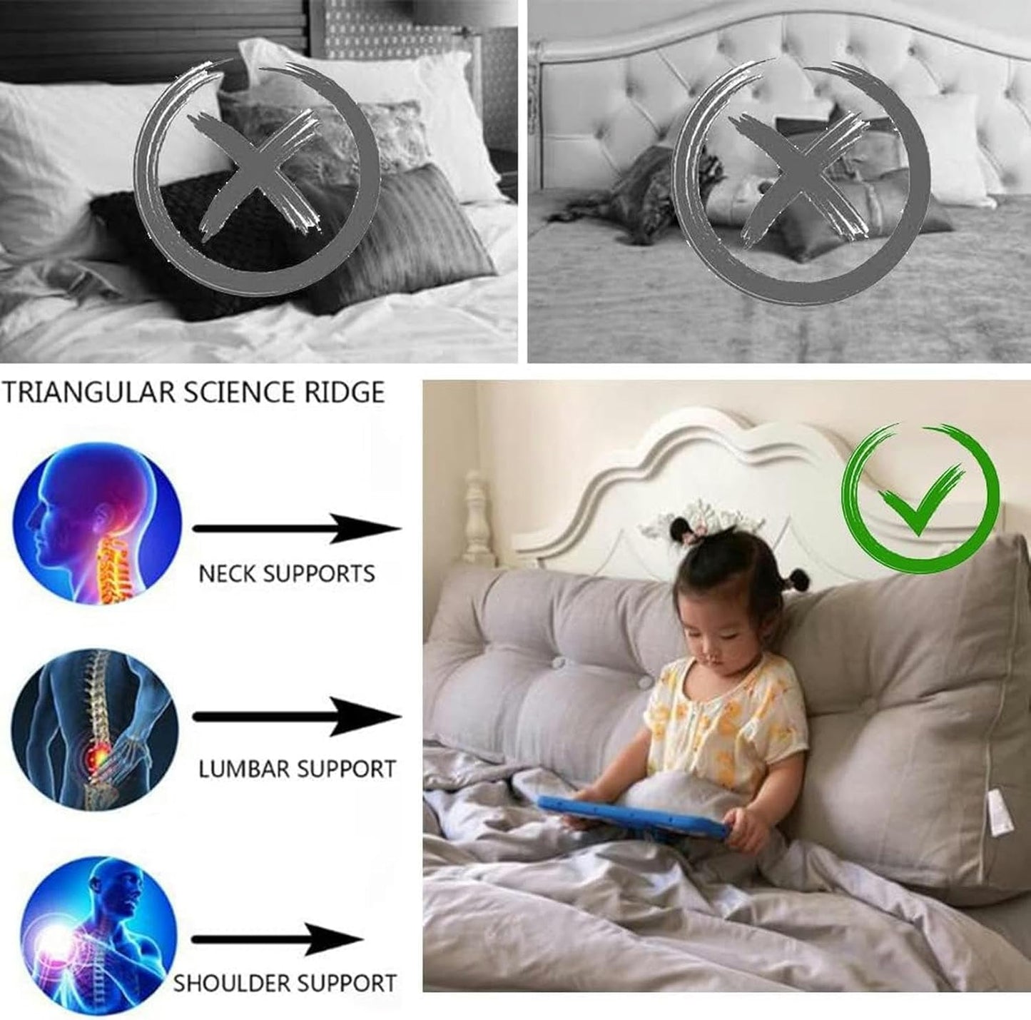 Large Triangular Headboard Long Pillow Solid Color Back Cushion Television Pillow Reading Bolster Wedge Pillow for Sofa Bed Backrest Washable Support Cushion