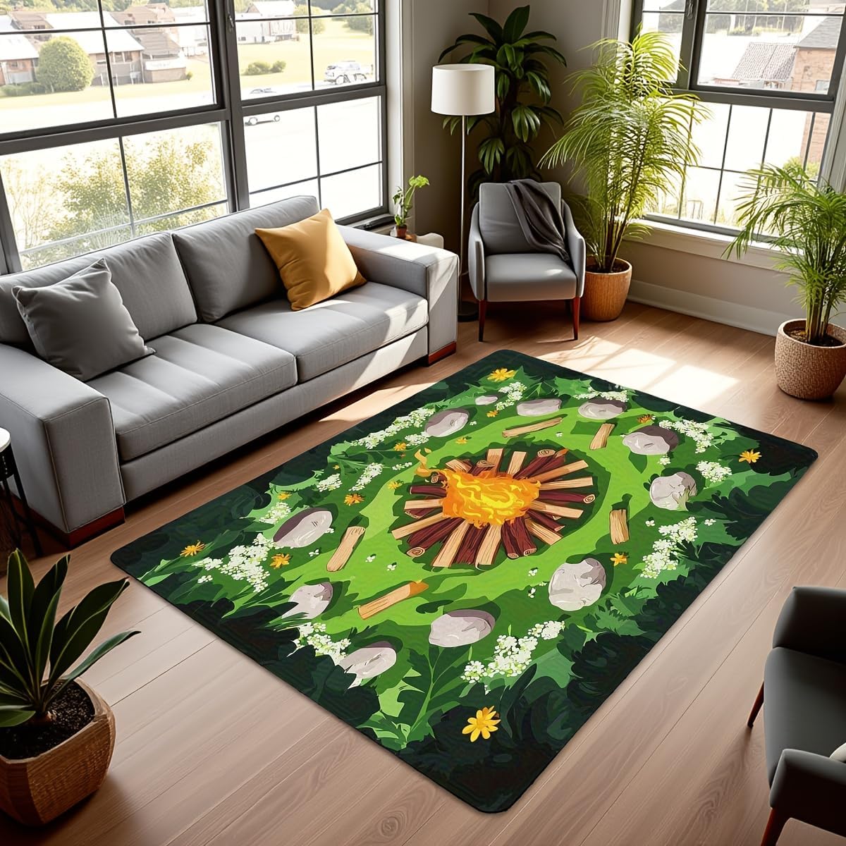 Castle Fairy Campfire Area Rug 3'x5',Cartoon Stones Green Tree Non Slip Rug for Kids Teen Boys Women Men,Camping Woodland Campsite Indoor Floor Mat for Dining Room Backyard Decor,Happy Camping