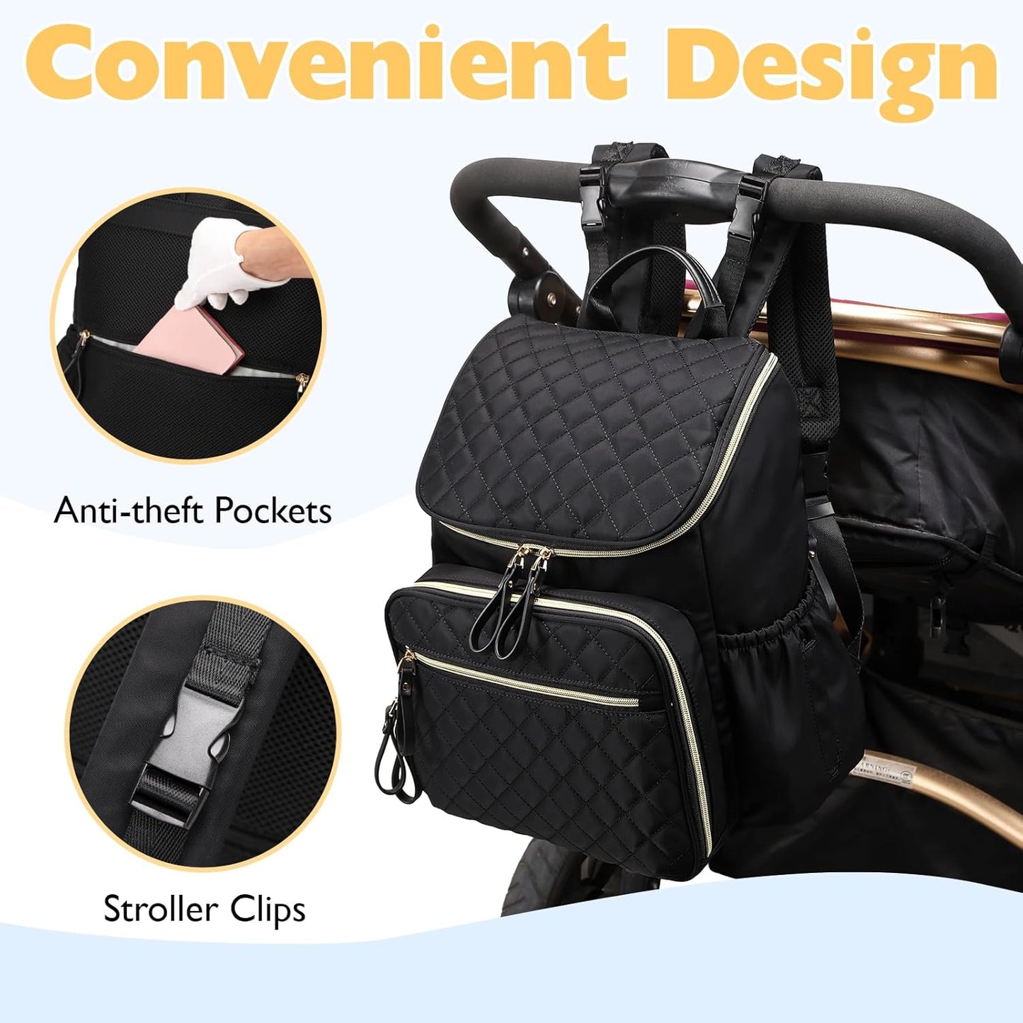 Lightweight Diaper Bag Backpack with Stroller Clips, Insulated Pockets, Baby Shower Essentials (Nylon, Black)