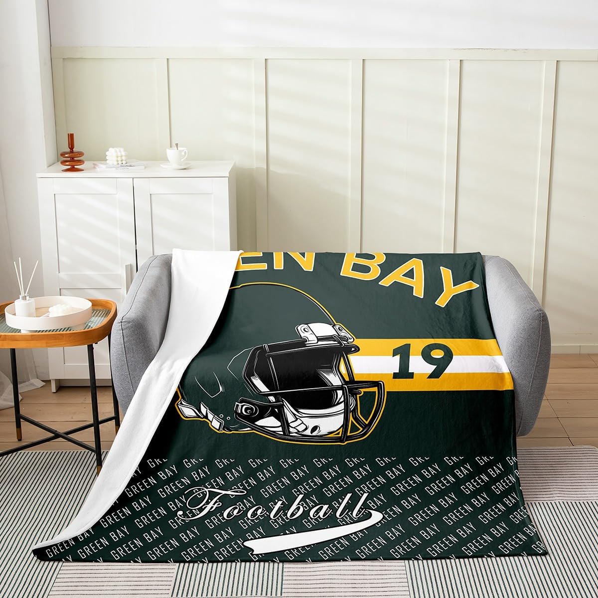 Feelyou Football Plush Throw Blanket Green Bay Flannel Blanket Queen 90"x90" Football City All Season Sports Games for Couch Bed Sofa Bedroom Decor