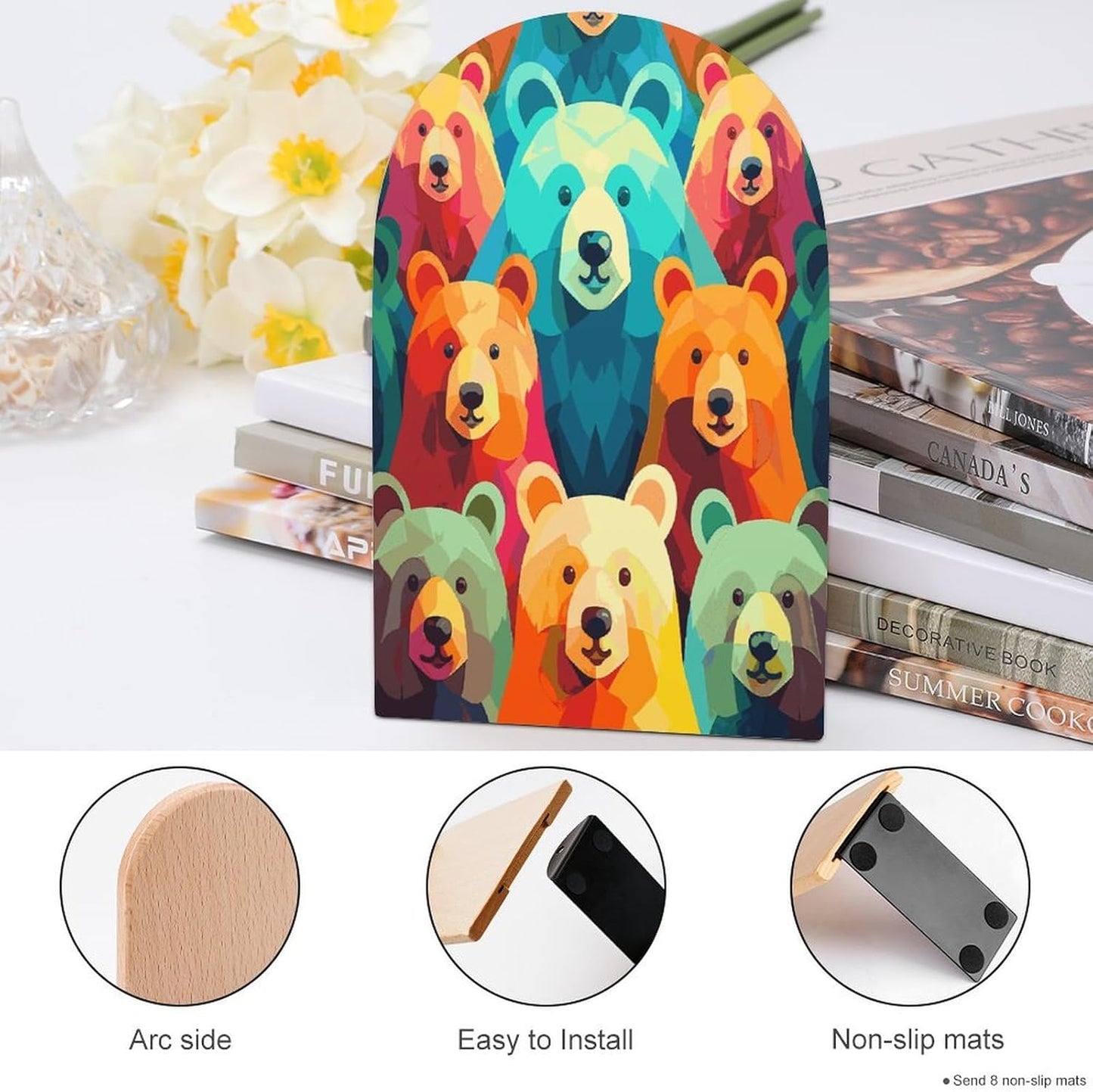 Non-Slip Bookend for Shelves Colorful Bears Wooden Bookends with Metal Base Decorative Book Stopper for Home Heavy Duty Wood Book Storage for Books/CDs