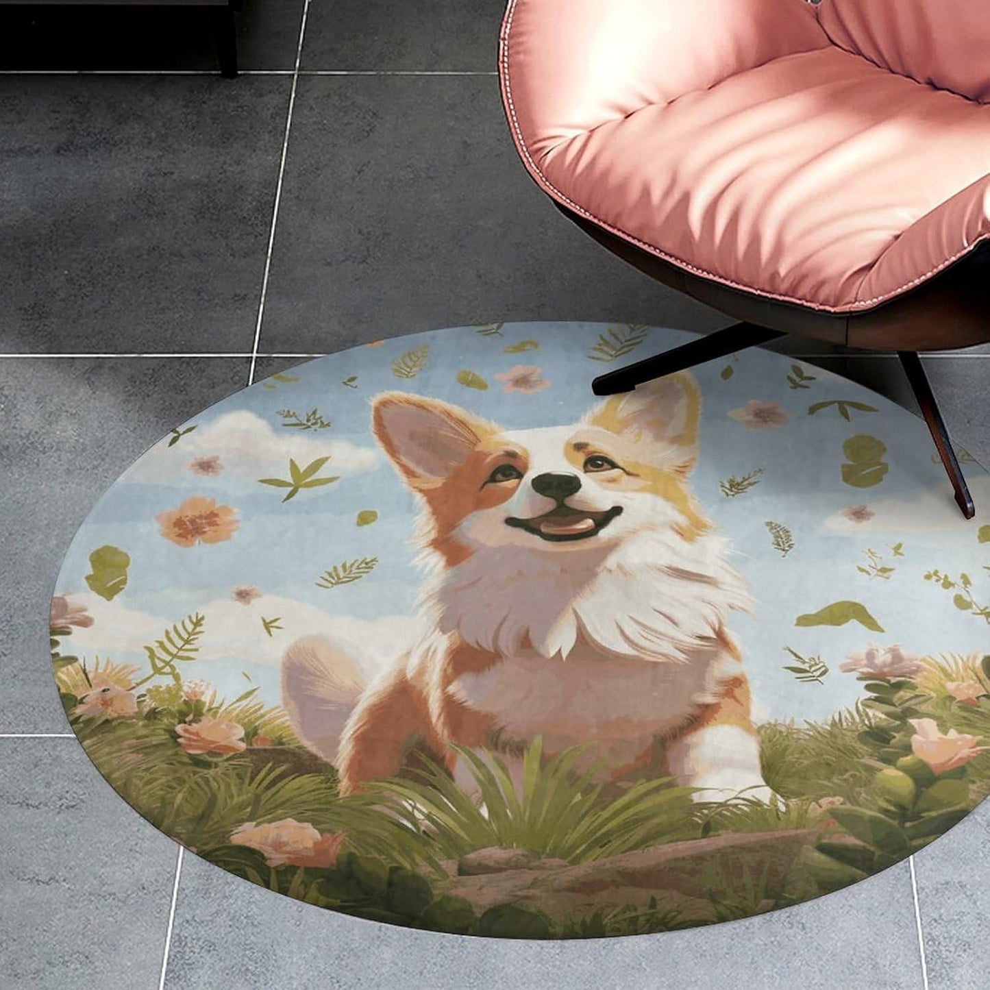 Lovely Corgi Circle Rug Retro Luxury Coral Velvet Floor Mat Non Slip Soft Indoor Floor Carpet Comfy Thickened Area Rugs Modern Aesthetic Minimalist Carpets for Home Decor