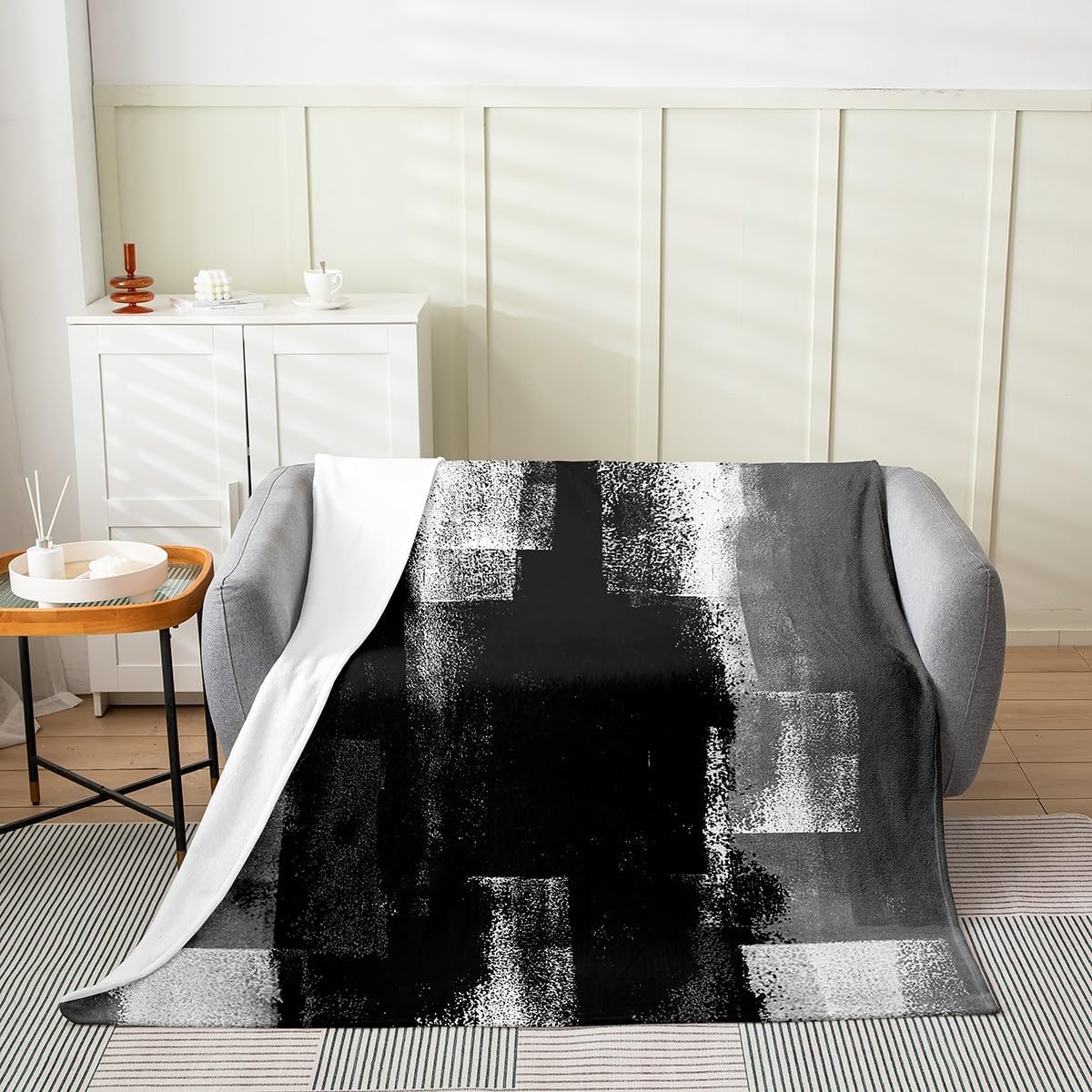 Erosebridal Adults Black Blanket,Retro Black White Grey Tie Dye Throw Blanket for Kids Boys Girls,Hippie Grunge Graffiti Fleece Blanket Lightweight,Oil Painting Fuzzy Blanket Throw 50x60 Inch