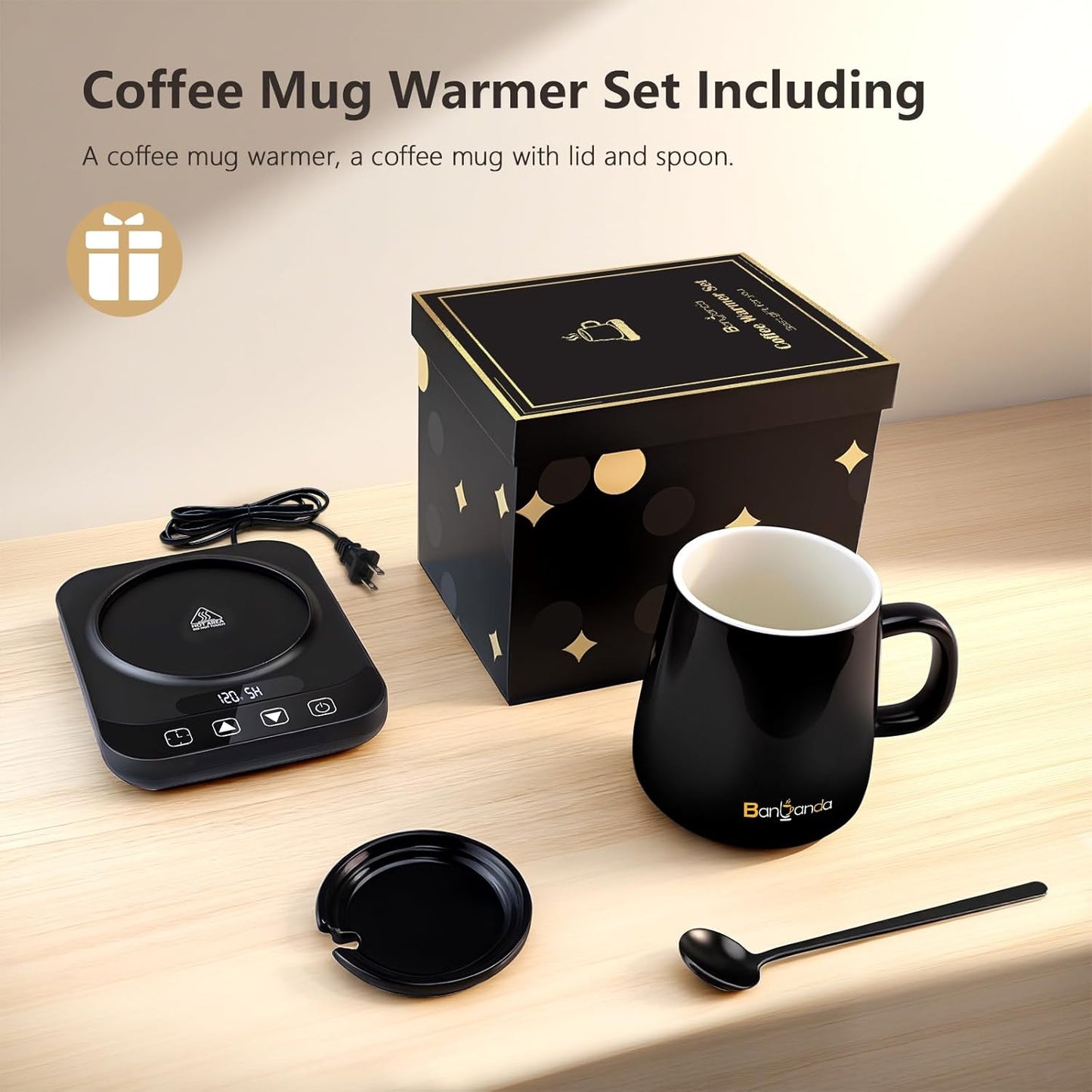 Coffee Mug Warmer Set for Gift: 36W Electric Smart Coffee Cup Warmer with 12 Mode Timer for Desk, Black 9 Mode Temperature Control Display Coffee Warmer Set Gift for Women Mom Men Coffee Lover, 14oz