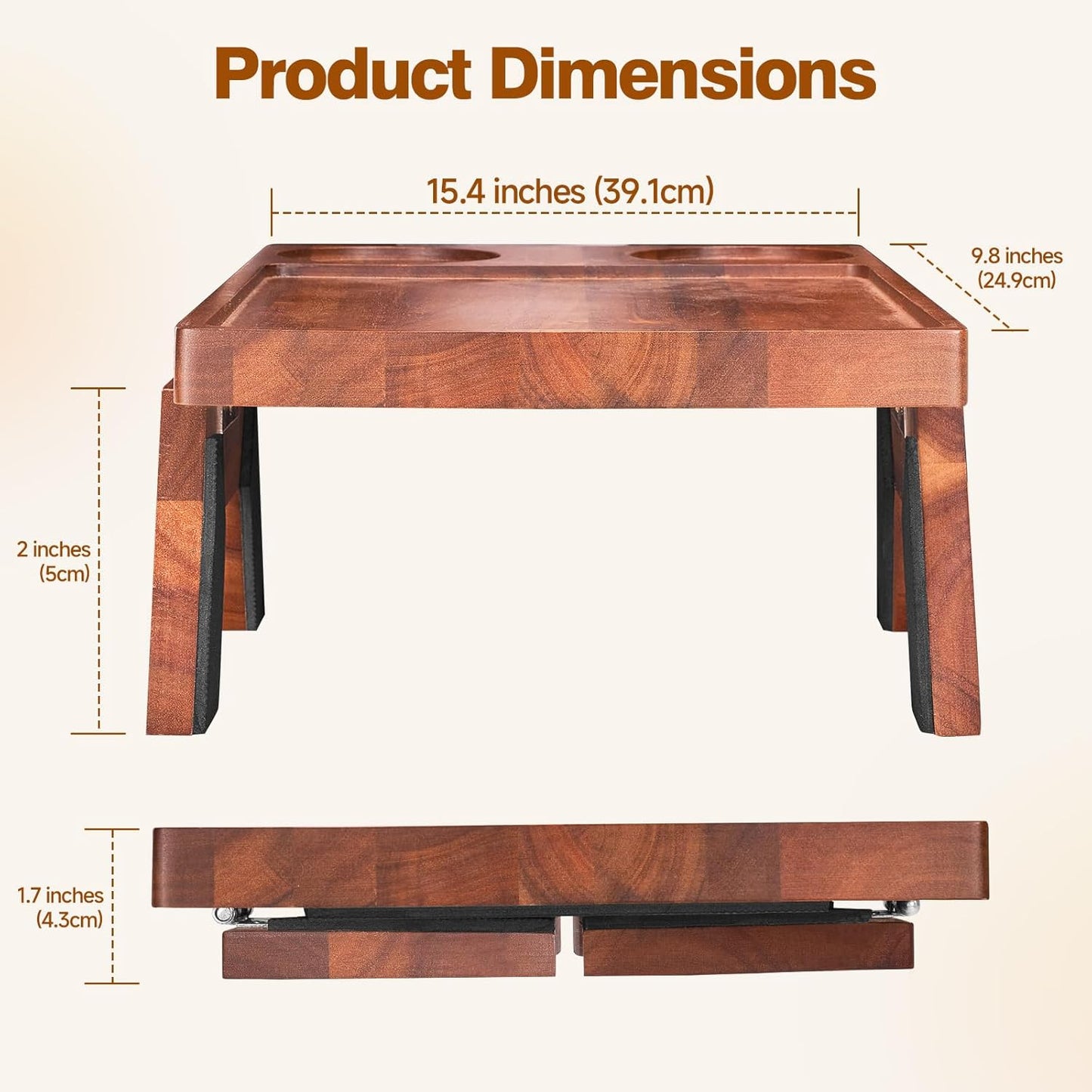 VANGONA Couch Armrest Table, Foldable Side Tray Table for Couch, 360°Rotating Cup & Phone Holder Tray, Anti-Slip Snack Caddy for Sofa, Bedroom, Living Room, Acacia Wood, for Mom, Dad