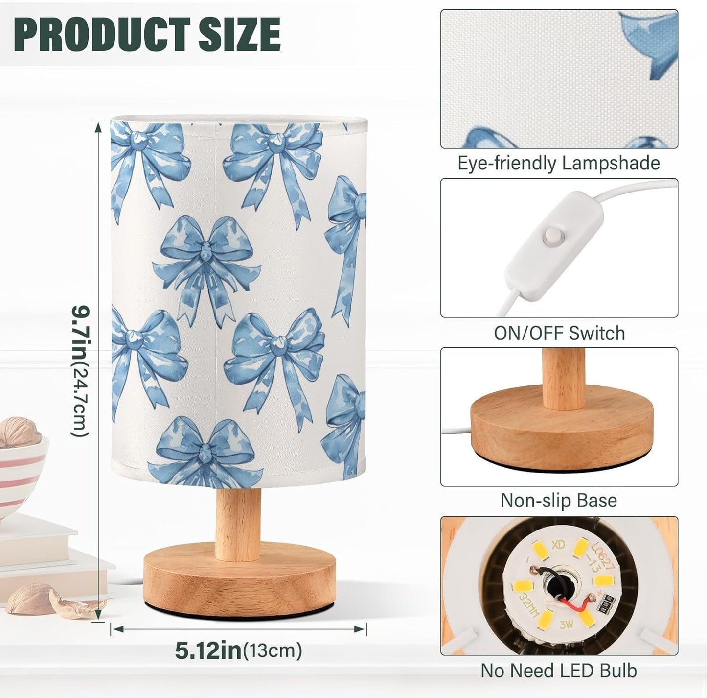 Bedside Table Lamp Blue Bows Printed Nightstand Lamp with Wood Desk Lamps for Bedroom Living Room Nursery Office Home Decor