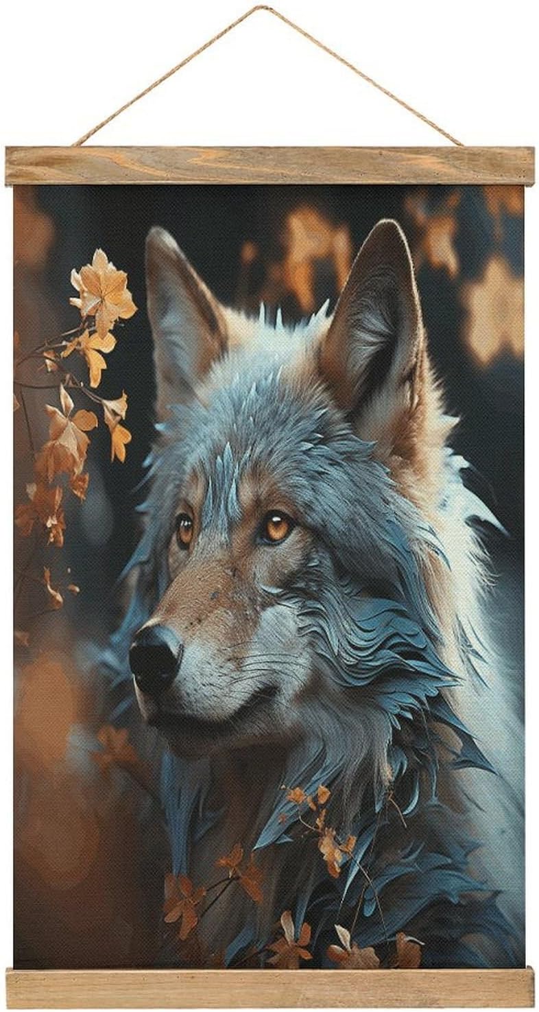 Vintage Autumn Leaves And A Wolf Poster with Wooden Frame Personalized Linen Hanging Scroll Painting Rustic Wall Hanging Illustrative Modern Artwork Decor for Home Living Room Bedroom Office