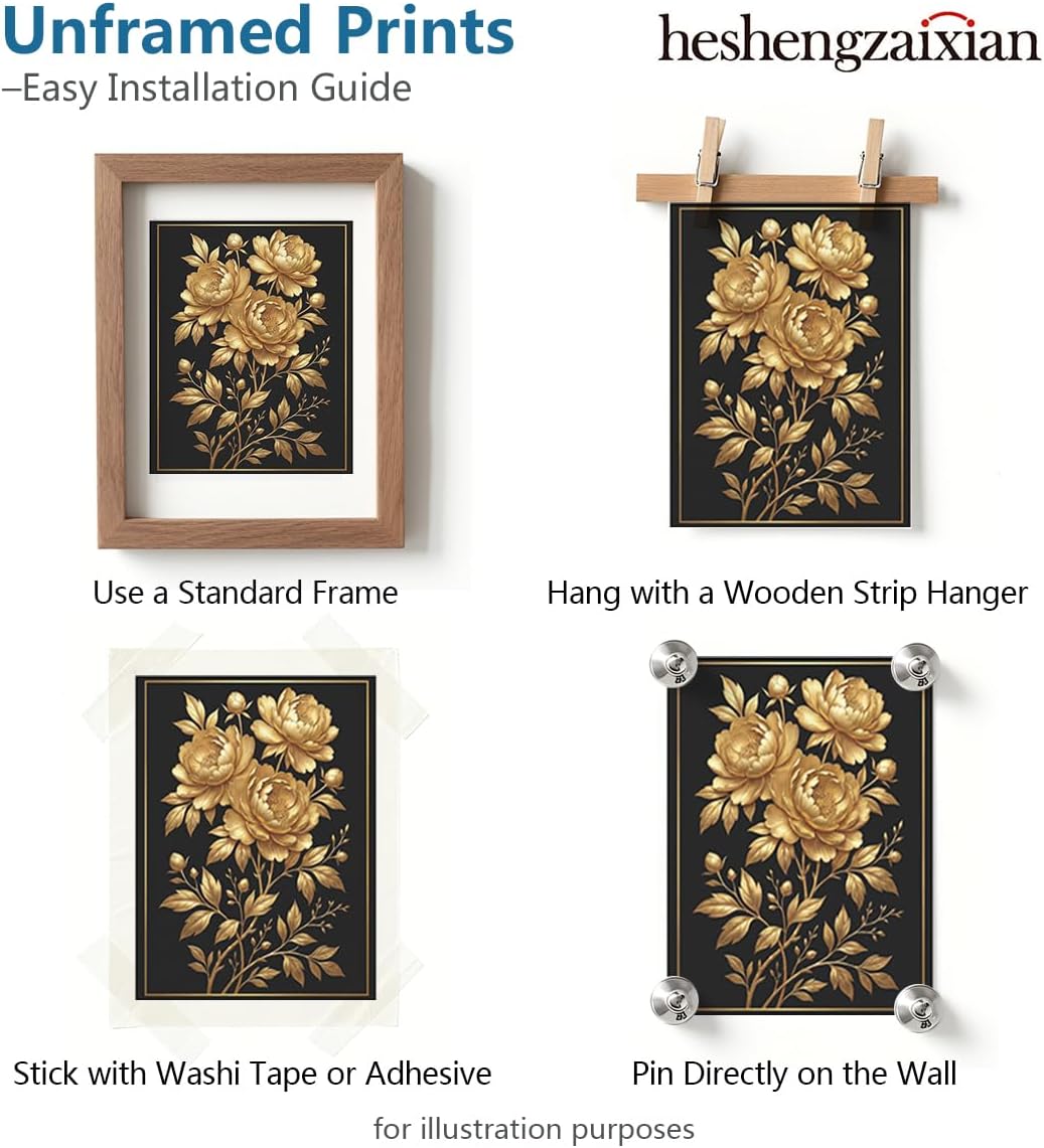 heshengzaixian Vintage Gold Line Art Peony Prints, Luxury Black and Gold Floral Wall Art Poster,Elegant Flower Botanical Decor Picture for Living Room Office Bedroom, Set of 1 8x10In Unframed