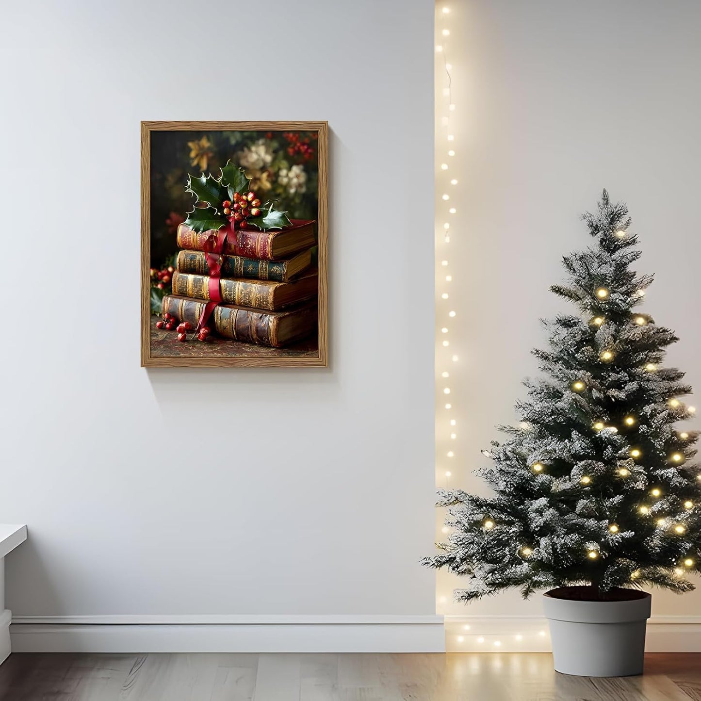 Vintage Christmas Books Canvas Wall Art Framed, Dark Academia Pictures Wall Decor, Rustic Xmas Bookish Decor, Moody Paintings Prints, Winter Navidad Artwork for Home Library Reading Room 12x16 Inch
