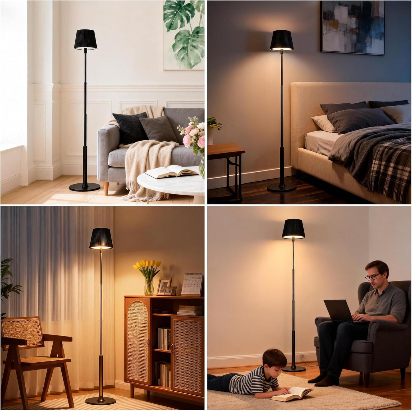 Modern LED Floor Lamp for Living Room, Tall Standing Lamp for Corner, Reading, Cordless, Rechargeable, Dimmable, Height Adjustable for Table, Desk, Outdoor, Patio, Bedroom, Black