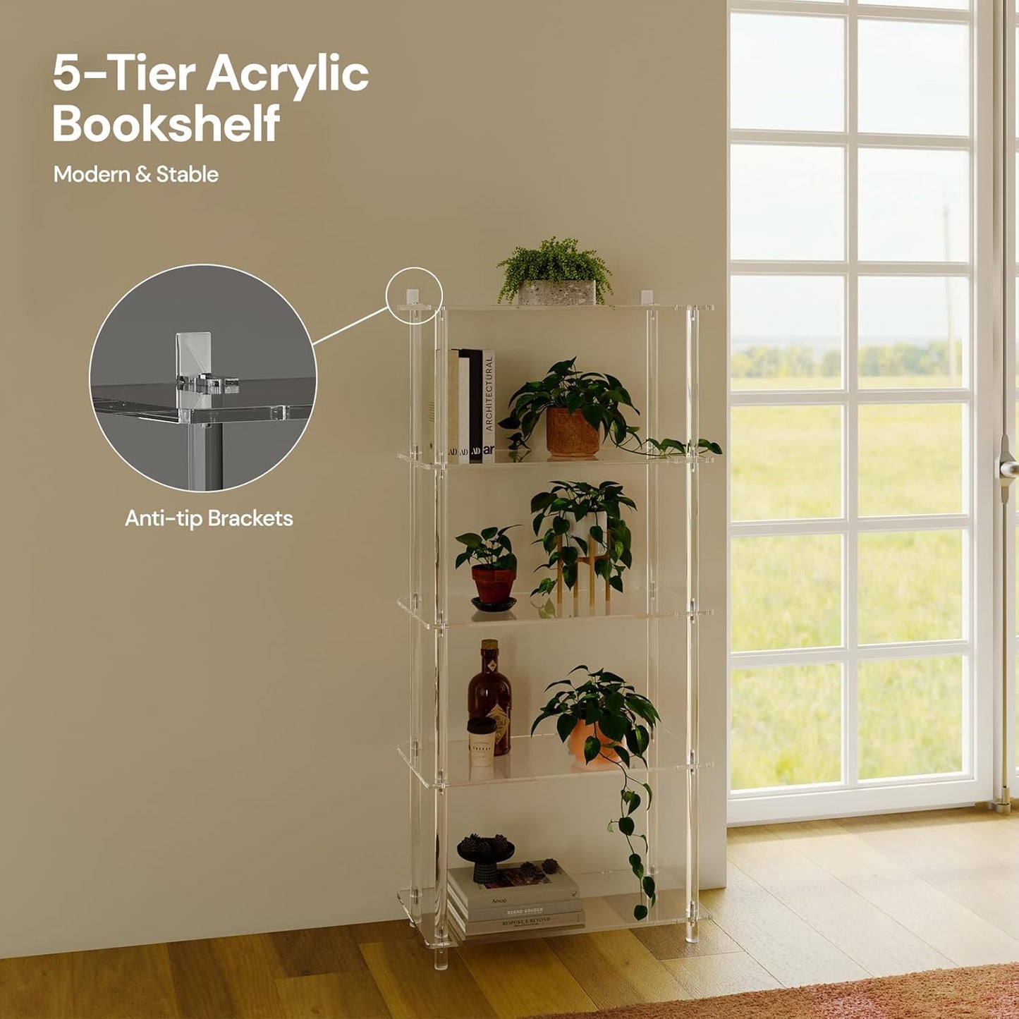 5-Tier Acrylic Bookshelf, 11.6" D x 23.6" W x 51.2" H, Modern Clear Bookcase for Home Office, Multifunctional Open Book Shelves for Living Room, Bedroom, Easy Assembly
