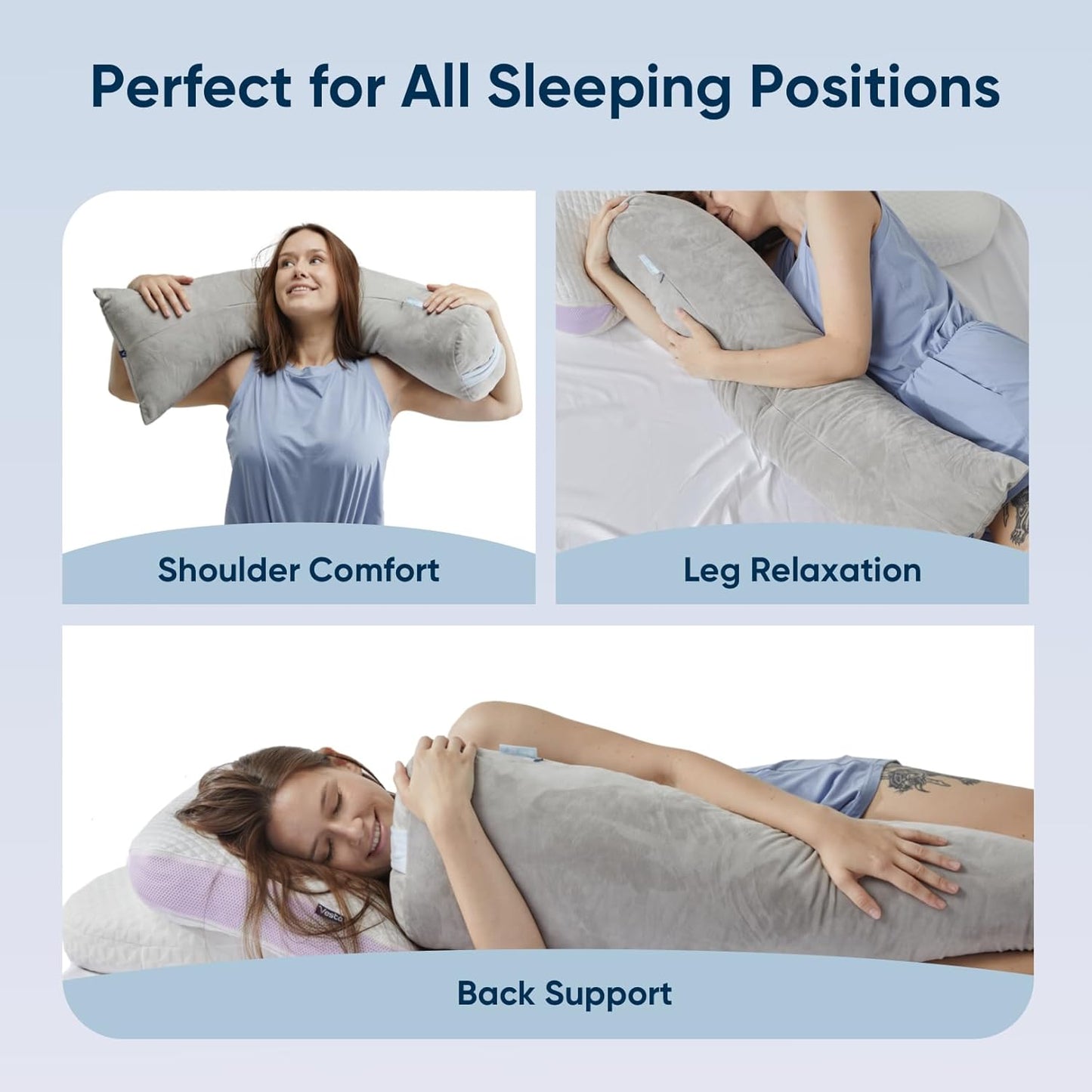 Vesta Hug Body Pillow, Cozy Velvety Cover, Ergonomic Twist Design for Shoulder, Back, and Leg Comfort, Perfect as Lumbar, Bolster, or Maternity Pillow, Generous Size for All - Cloud Grey (Pack of 1)