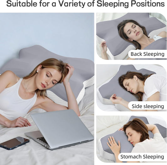 Cervical Neck Pillow for Pain Relief, Ergonomic Neck Support Pillow for Side Sleeper, Contour Memory Foam Pillows with Cooling Pillowcase Orthopedic Bed Pillow for Back Stomach Sleepers, Grey