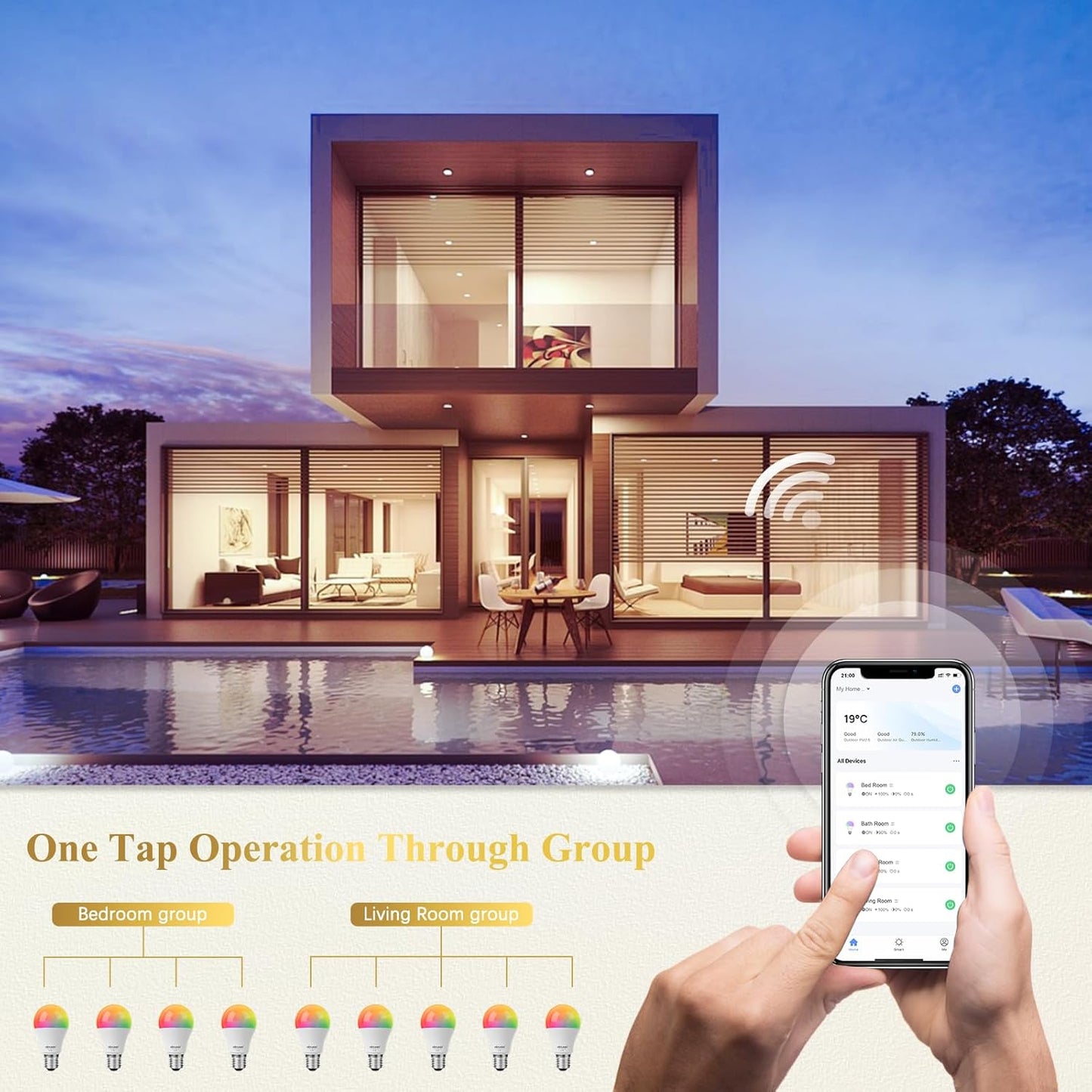 DiCUNO Smart Light Bulbs, Wi-Fi Bluetooth LED Lights, Multi Colors Changing Bulb RGBCW Dimmable, Works with Alexa, Google Home Assistant, No Hub Required, A19 E26 9W 800LM 2.4Ghz only, 2 Pack