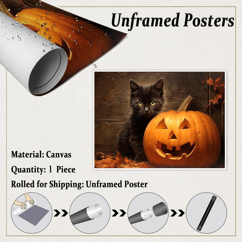 XYHKZNB Cute Black Cat Wall Art with Autumn Pumpkins, Dark Academia Gothic Decor, Farmhouse Black Cat Print, Unique Bathroom Wall Art 12x16inch unframed