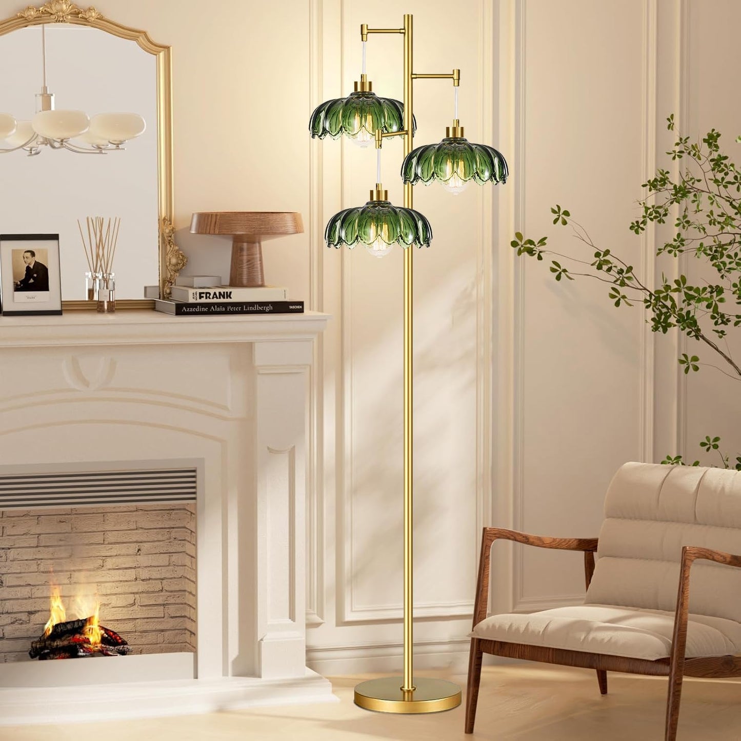 Gold Floor Lamp for Living Room Bedroom,Modern Floor Lamps with Unique Green Glass Shades,3 Lights Mid Century Tall Standing Lamp,Vintage Tree Flower Floor Lamp for Corner Office Reading