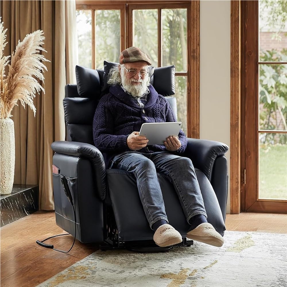 Power Lift Recliner Chair for Living Room, Blue Leather Electric Recliner with Adjustable Headrest and Lumbar Pillow Support, Ergonomic Oversized Single Seating