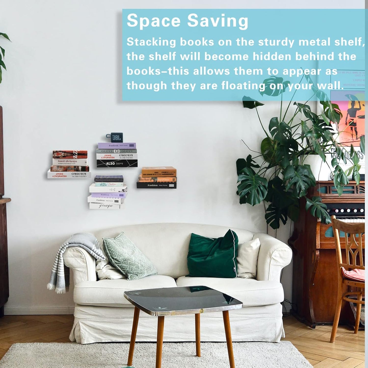 Invisible Floating Bookshelves, Heavy-Duty Book Organizers, Wall Mounted Bookshelf, Iron Storage Shelves for Bedroom, Living Room, Office (Small) (4 Pieces, White)