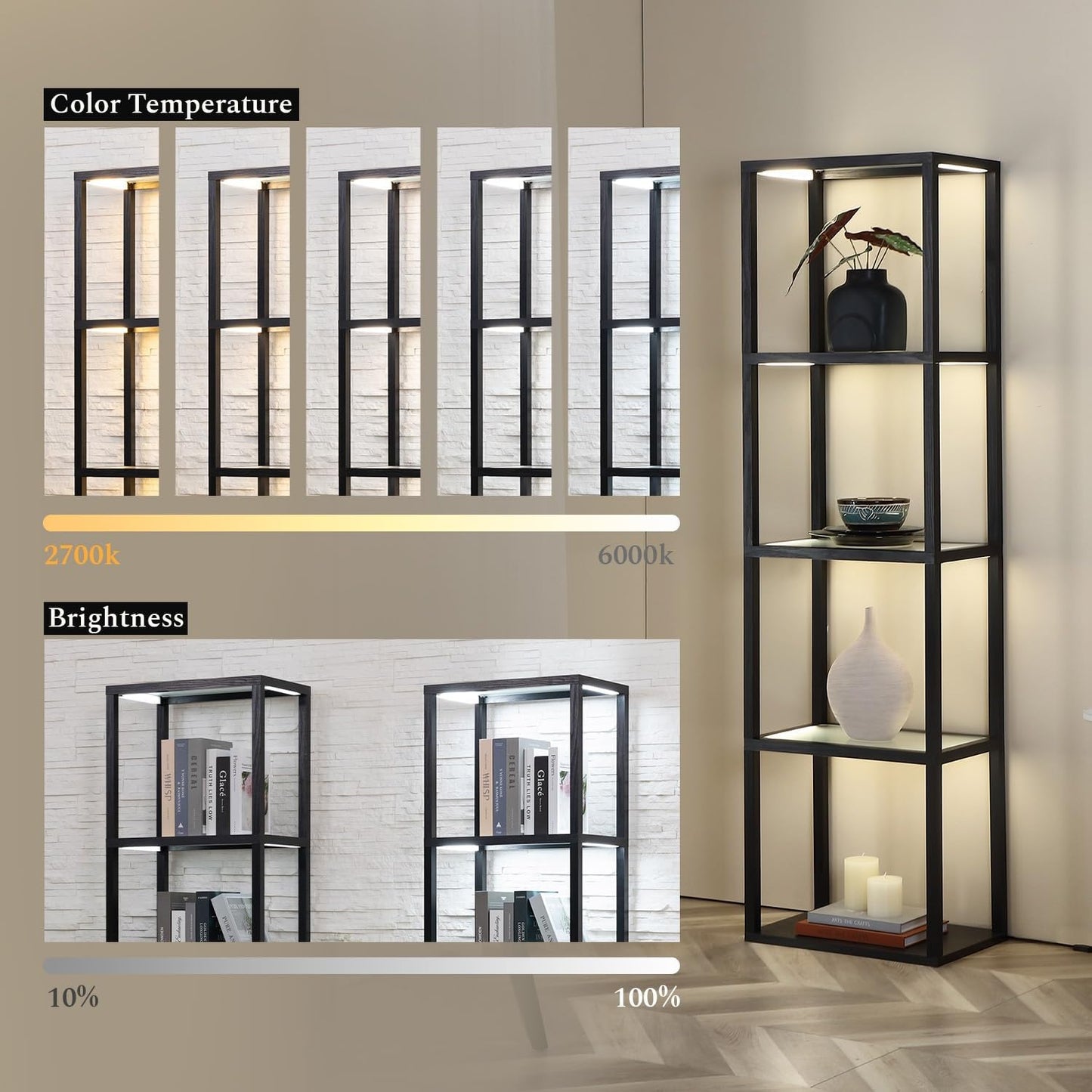 Glass Display Shelf with Remote/APP Control, Curio Cabinet for Collectibles with Light, Modern Shelf Floor Lamp with Adjustable Color Temps for Living Room, Bedroom