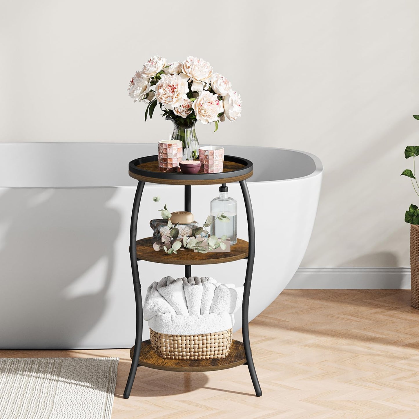 YINMIT Small Round Side Table, 3 Tier Slim Waist End Table with Anti-Tip Edge Guard, Compact Nightstand for Bedroom, Round Corner Accent Table for Small Spaces Living Room Sofa Couch