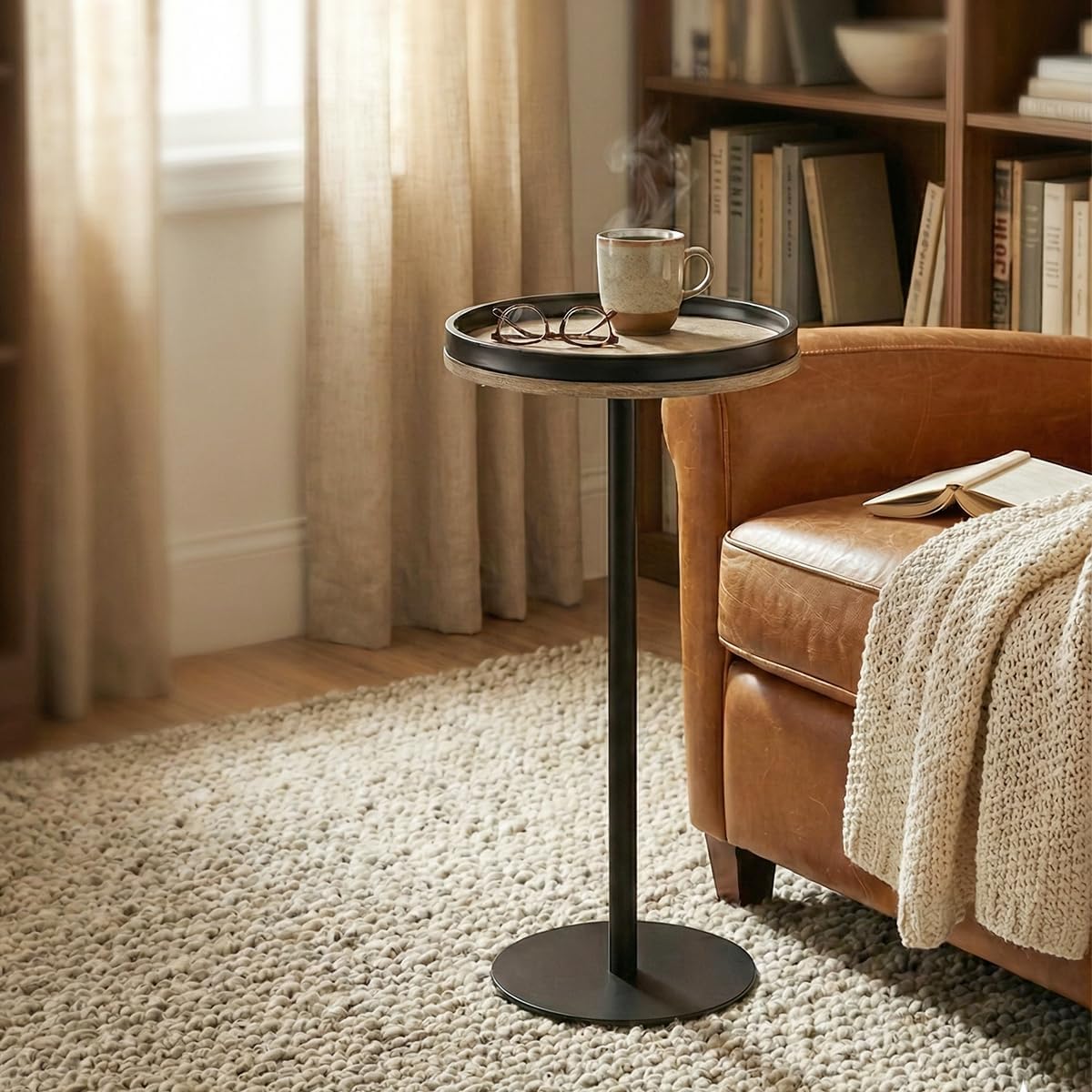 Oak Finish Martini Table, Small Round Drink Table, Modern Farmhouse Side Table with Tray Top, Metal Weighted Base End Table for Living Room,Small Spaces,Next to Sofa, 24.7" Tall