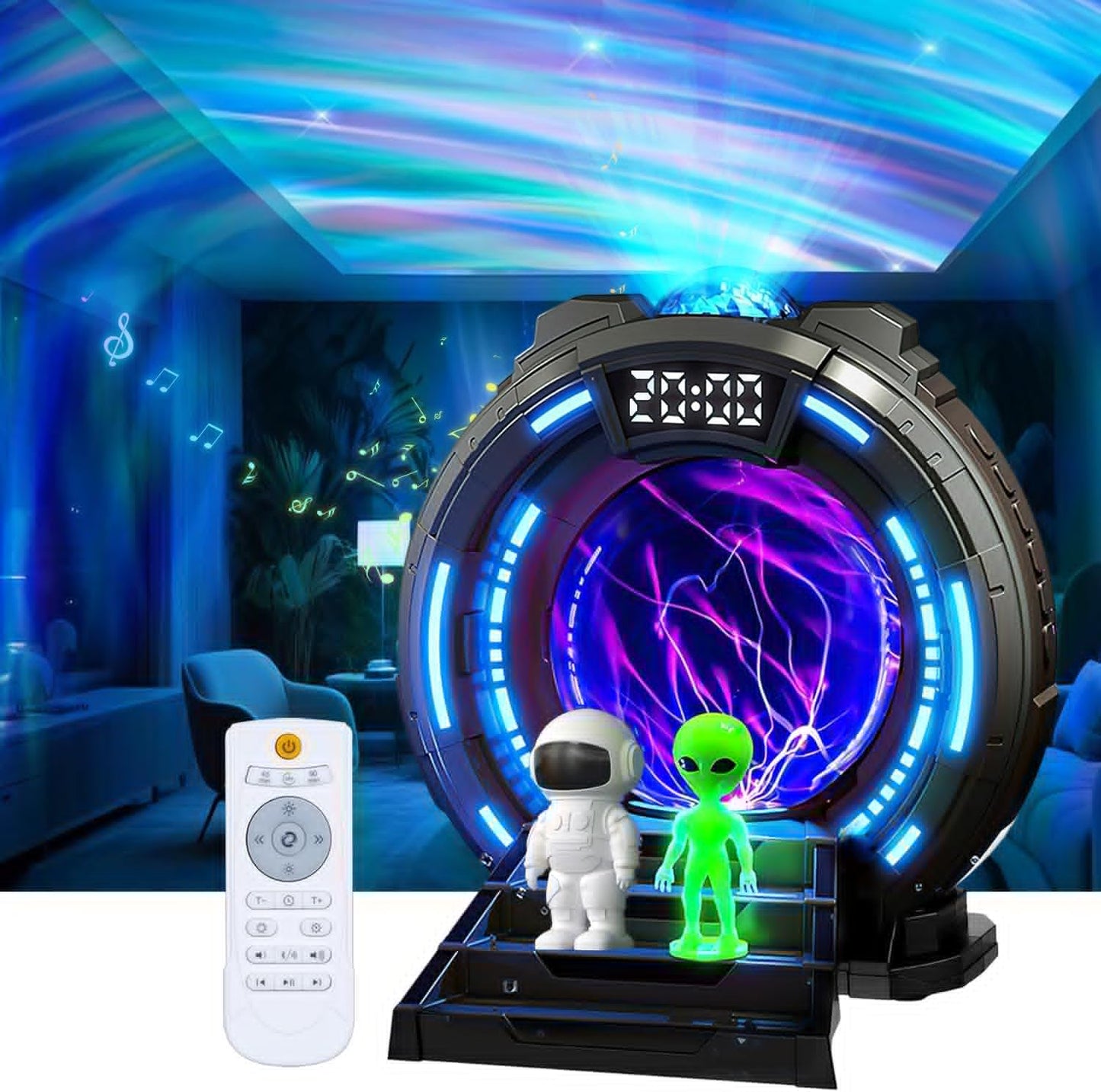 Northern Lights Projector with Plasma Ball Lamp, White Noise, Music Speaker, Alarm Clock & Remote, Stargate Astronaut Galaxy Aurora Night Light Projector for Bedroom Gaming Birthday Valentines Gifts