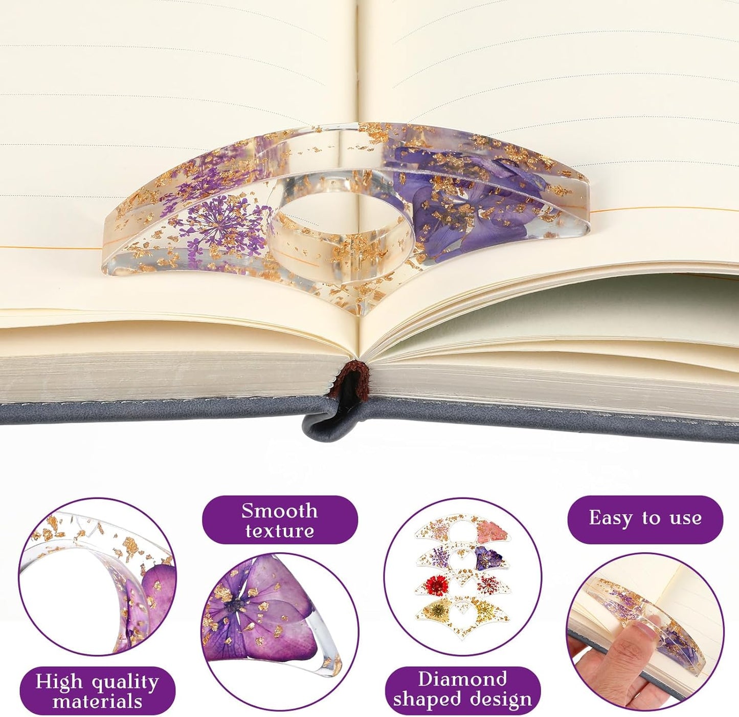 4 Pcs Books Page Holder Dried Flower Resin Transparent Thumb Bookmark Bookpage Holder Book Clips to Hold Books Open Book Accessories Gift for Reading Lovers Teachers Students (Purple Pink Red Yellow)