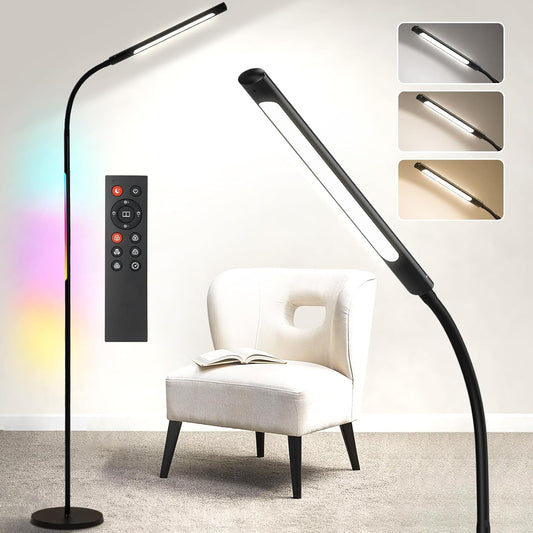 LED Floor Lamp for Living Room, Dimmable Standing Lamp with Remote Control, Stepless Dimming, Adjustable Color Temperature 3000K-5700K, with Adjustable Gooseneck, for Sturdy, Work, Reading