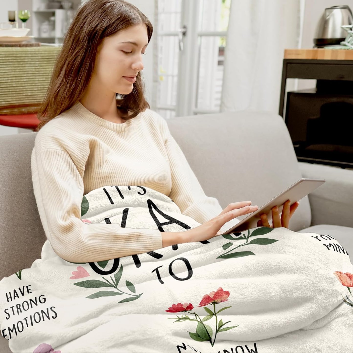 Inspirational Birthday Gifts for Women, Encouragement Gifts for women, Stress Relief, Mental Health, Christian Motivational Gift for Her Female, Positive Affirmation Blanket with Flowers 50'' x 60''
