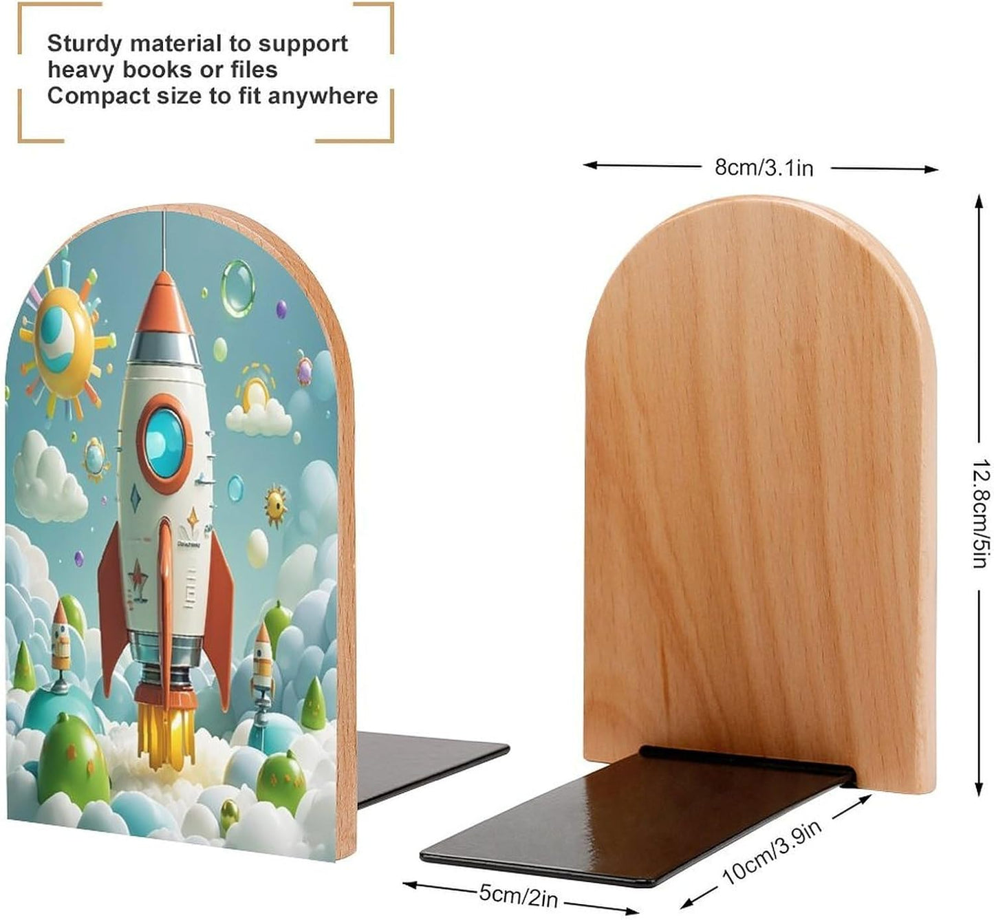 Cartoon Rockets Bookends 1 Pair Heavy Duty Book Ends for Shelves Non-Skid Bookend Supports Wooden Book Holders with Metal Base Desk Organizers Books Storage to Hold Books