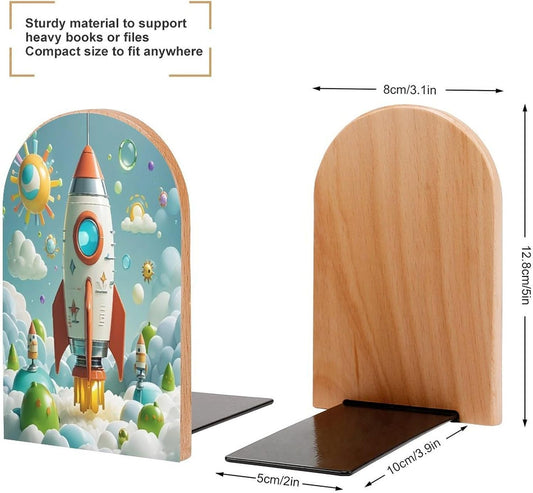 Cartoon Rockets Bookends 1 Pair Heavy Duty Book Ends for Shelves Non-Skid Bookend Supports Wooden Book Holders with Metal Base Desk Organizers Books Storage to Hold Books