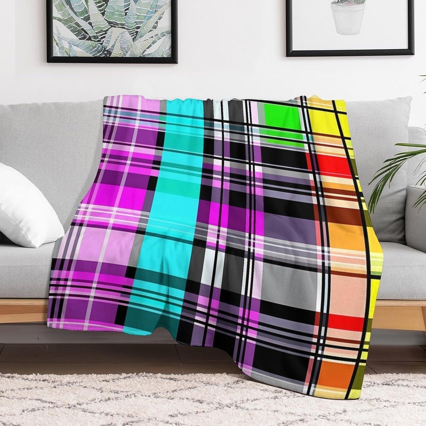 Colorful Plaid Throw Blanket for Couch Bed Plush Cozy Fuzzy Flannel Blanket for All Season 50"x60"