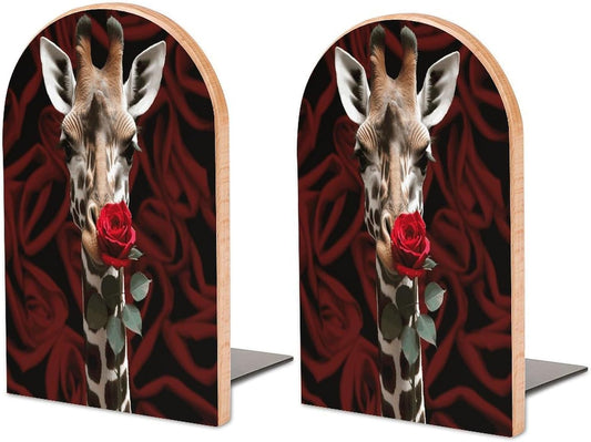 Non-Slip Bookend for Shelves Giraffe Kissing Flower Wooden Bookends with Metal Base Decorative Book Stopper for Home Heavy Duty Wood Book Storage for Books/CDs