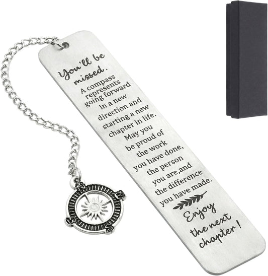 1 Piece Metal Bookmark, Inspirational Compass Design with Engraved Message, Ideal for Coworker Leaving Gifts and Retirement Gifts for Women, Men, Teachers (5.1x1 Inch, Silver)