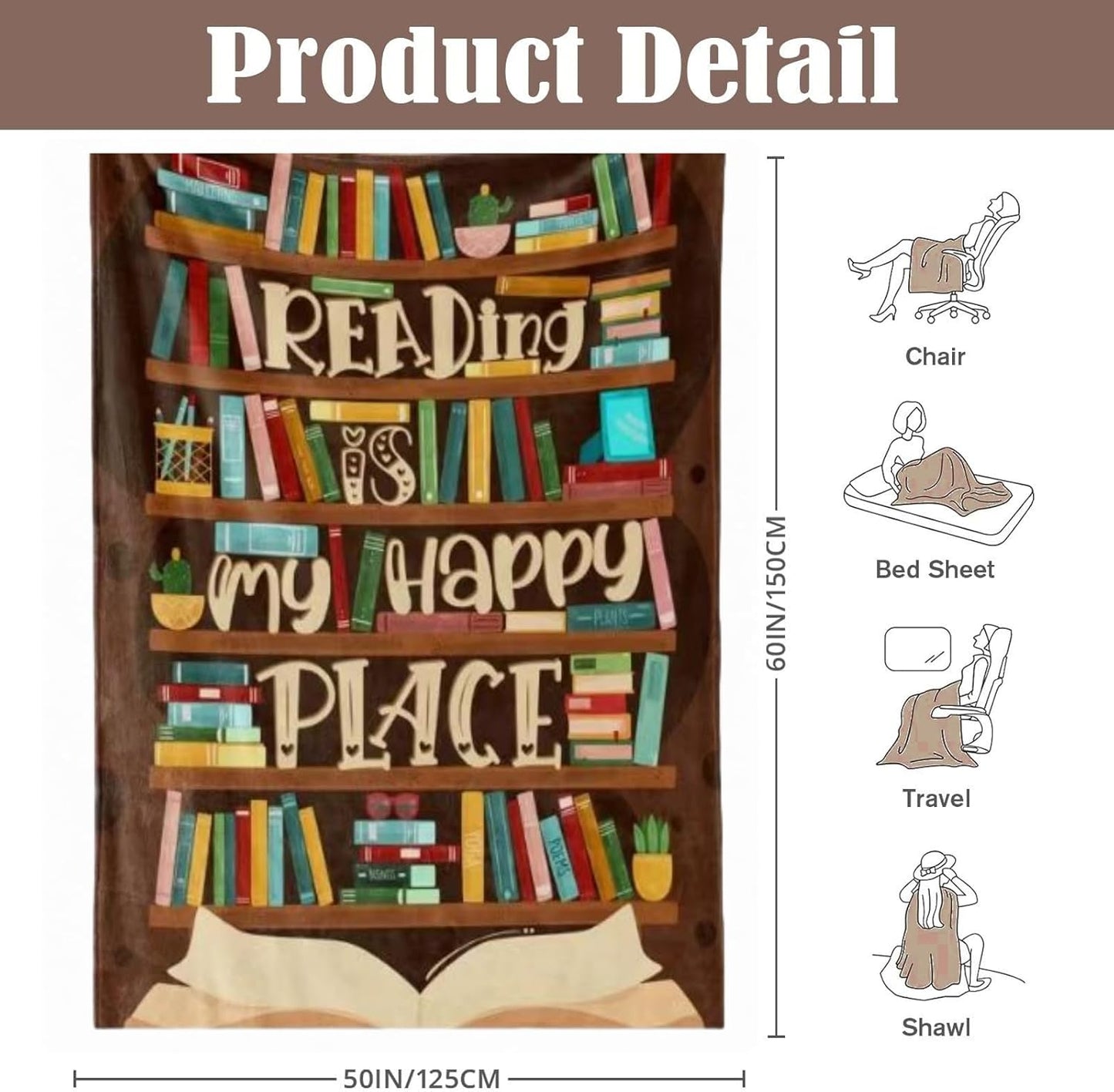 Book Lovers Blanket 50"x60" , Reading Blanket for Book Lovers Gift for Readers, Great Reader Gift for Women Bookish Christmas or Birthday Gift