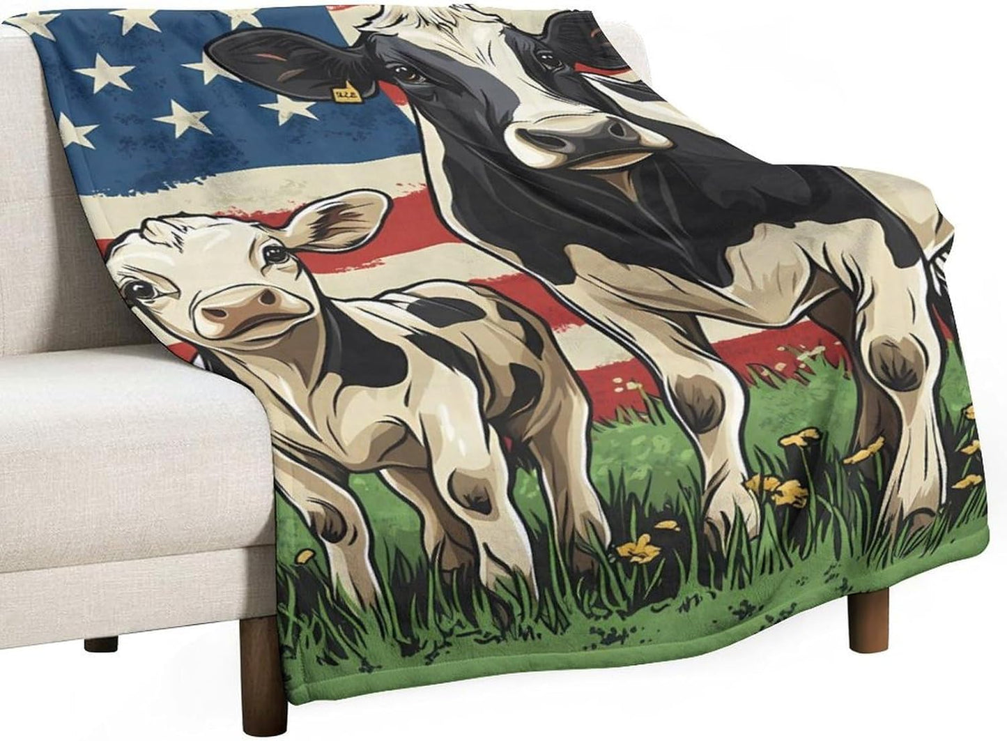 U.S Flag Cow Animal Throw Blanket for Couch Bed Plush Cozy Fuzzy Flannel Blanket for All Season 40"x60"