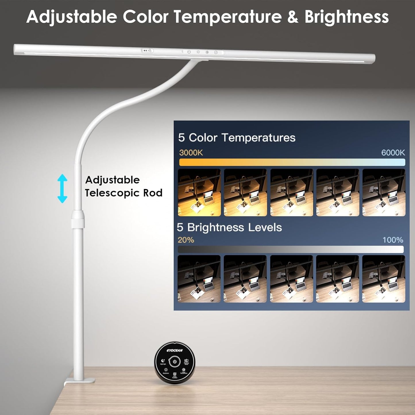 Desk Lamp, 31.5" Desk Light for Home Office, Brightest 24W, Gesture Sensor & Remote Control, Dimmable & Color Temperature, Monitor Light Bar with Telescopic Rod, Height Adjustable