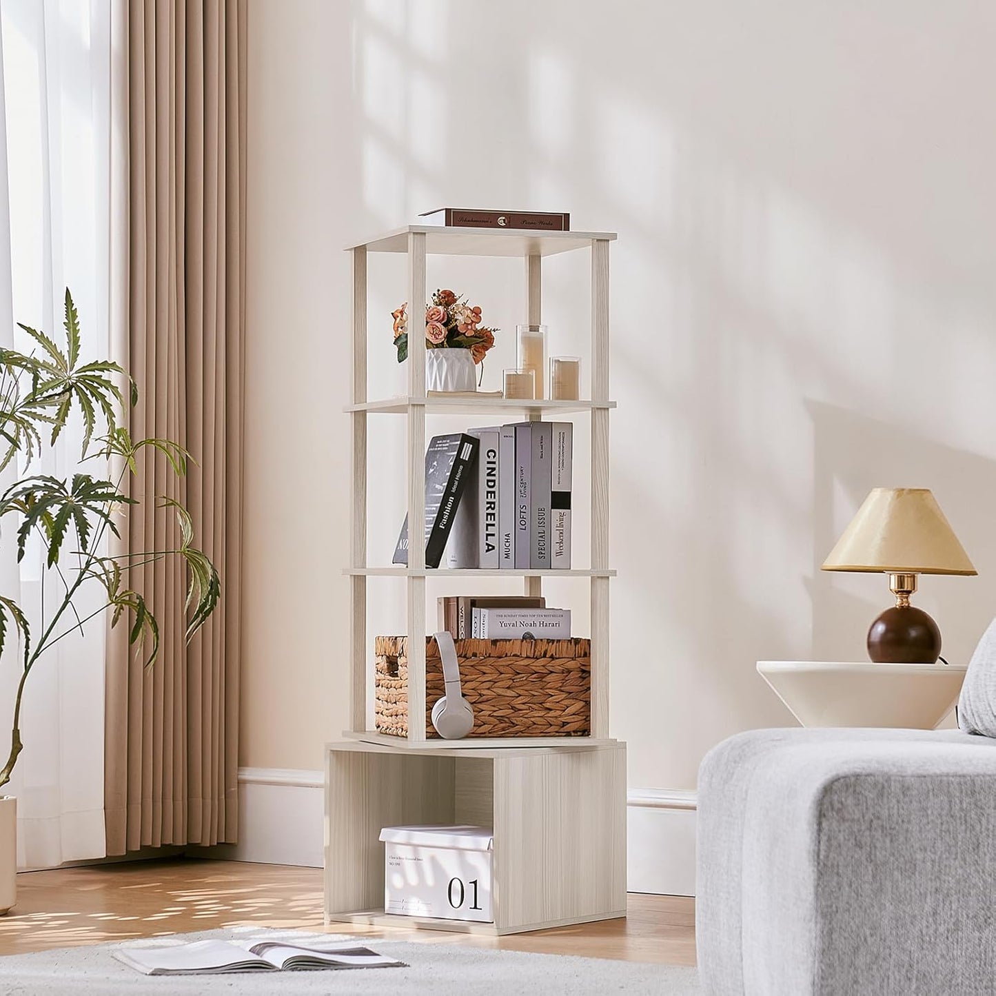4 Tier Rotating Bookshelf with Storage Cabinet, 360° Display Revolving Bookcase, Square Spinning Book Shelf Tower Organizer, Freestanding Wooden Bookshelves for Small Space, Bedroom Living Room