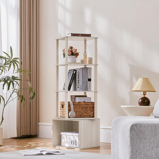 4 Tier Rotating Bookshelf with Storage Cabinet, 360° Display Revolving Bookcase, Square Spinning Book Shelf Tower Organizer, Freestanding Wooden Bookshelves for Small Space, Bedroom Living Room